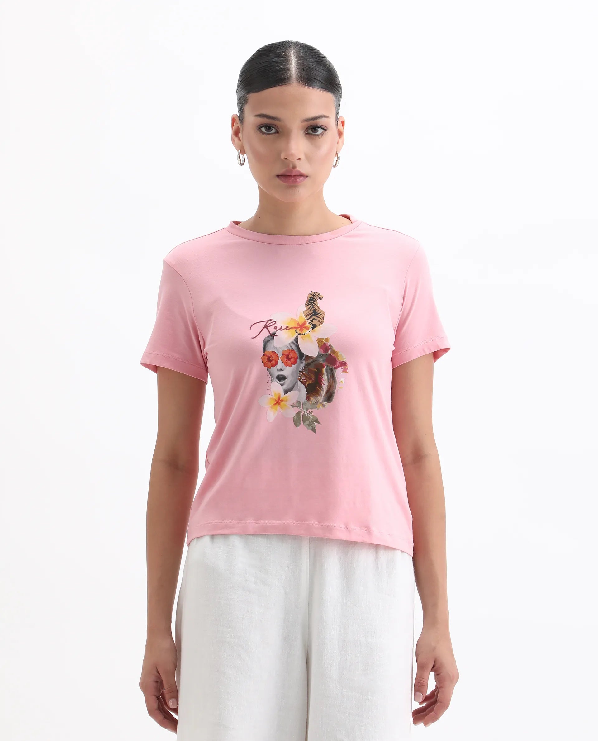 Rareism Women's Tigo Light Pink Cotton Blend Crew Neck Graphic Print Regular Fit T-Shirt