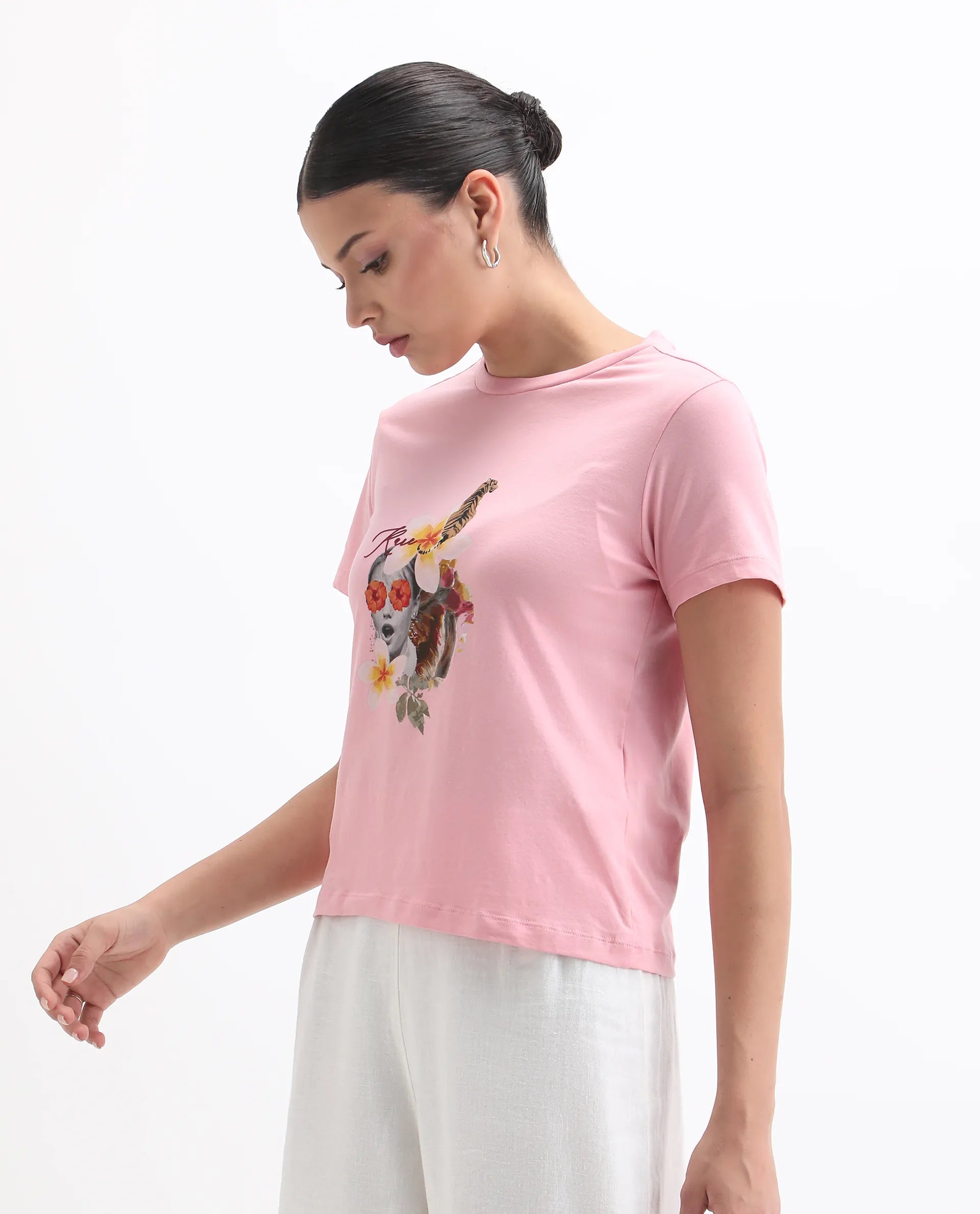 Rareism Women's Tigo Light Pink Cotton Blend Crew Neck Graphic Print Regular Fit T-Shirt