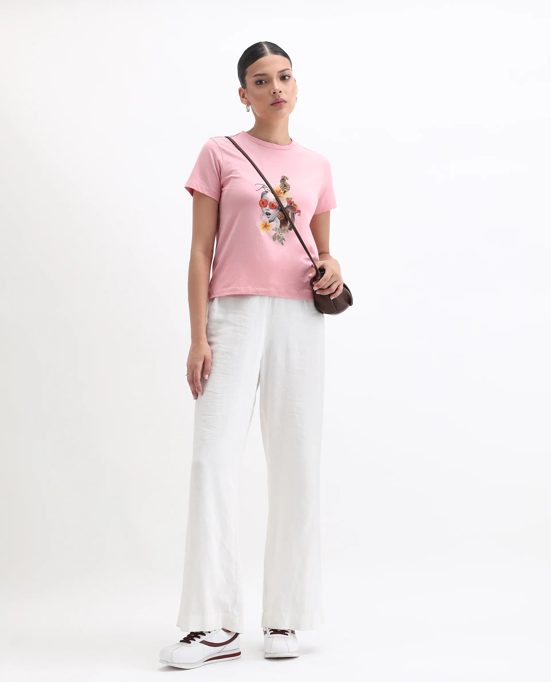 Rareism Women's Tigo Light Pink Cotton Blend Crew Neck Graphic Print Regular Fit T-Shirt