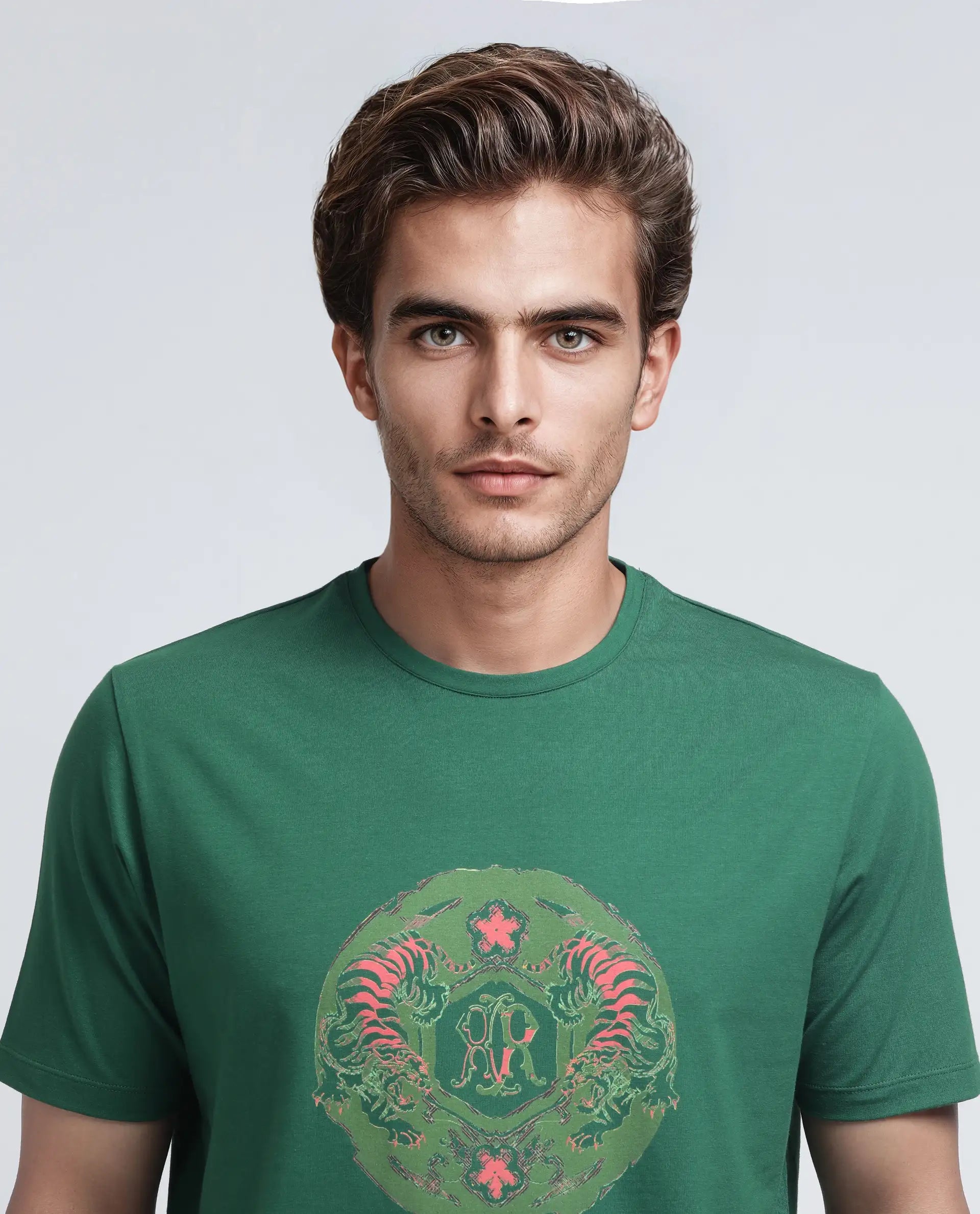 Rare Rabbit Men Tig Olive Cotton Lycra Fabric Short Sleeve Crew Neck Slip-On Graphic Print T-Shirt