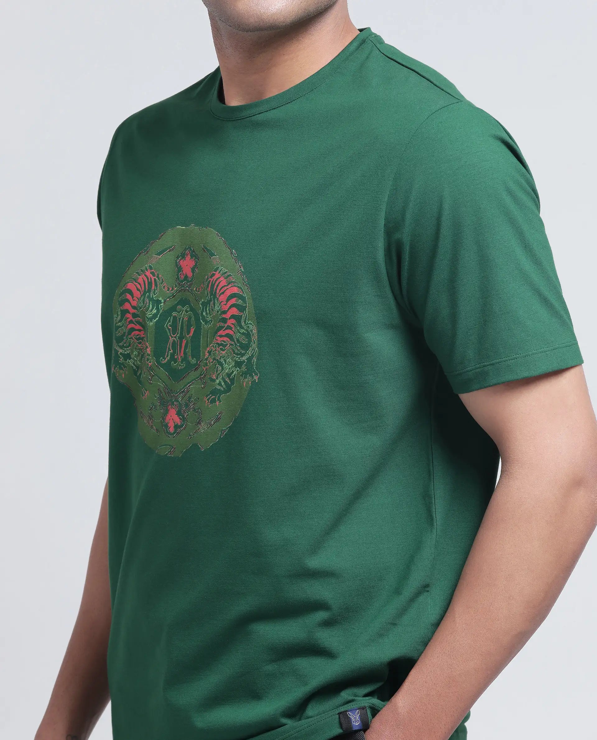 Rare Rabbit Men Tig Olive Cotton Lycra Fabric Short Sleeve Crew Neck Slip-On Graphic Print T-Shirt