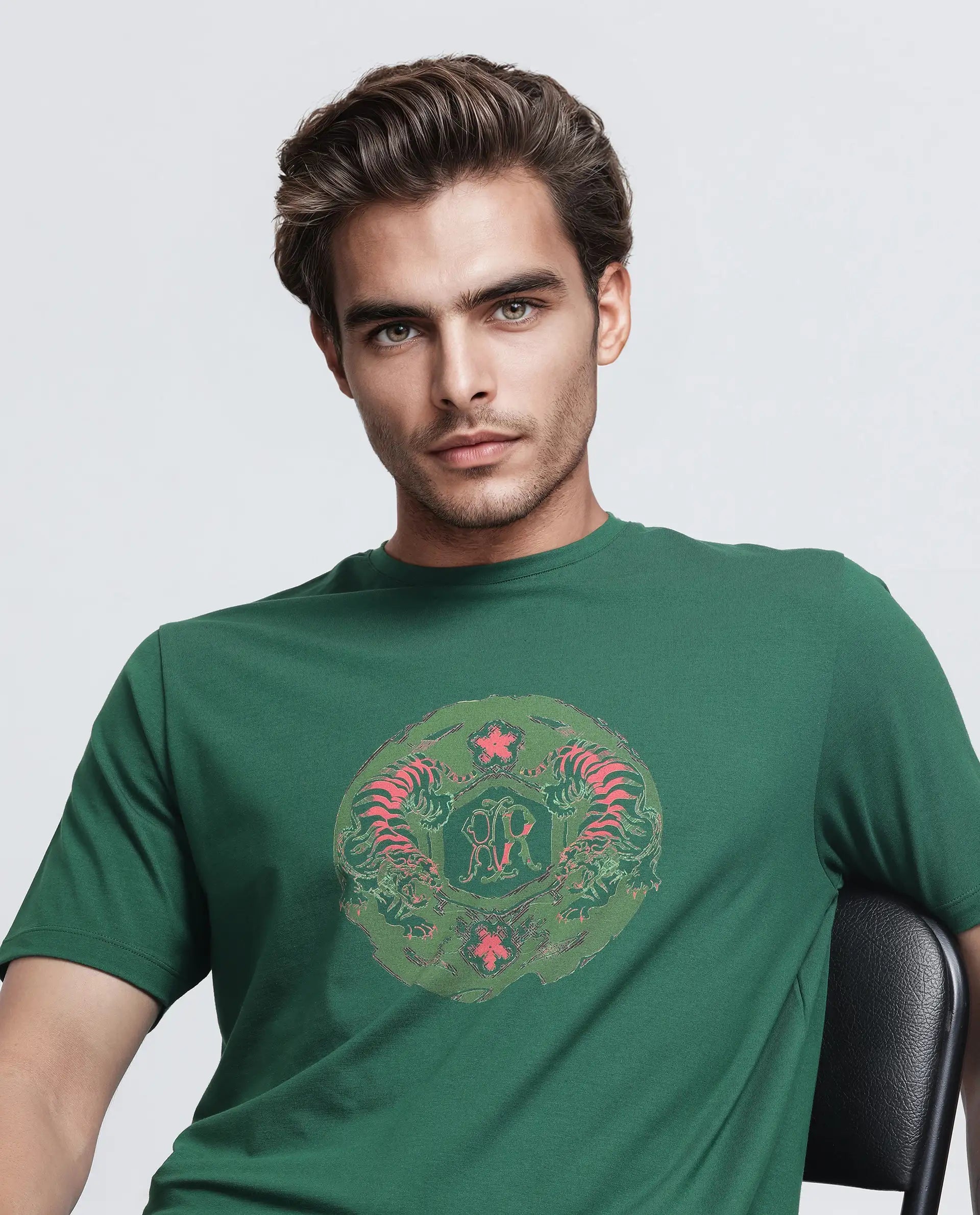 Rare Rabbit Men Tig Olive Cotton Lycra Fabric Short Sleeve Crew Neck Slip-On Graphic Print T-Shirt