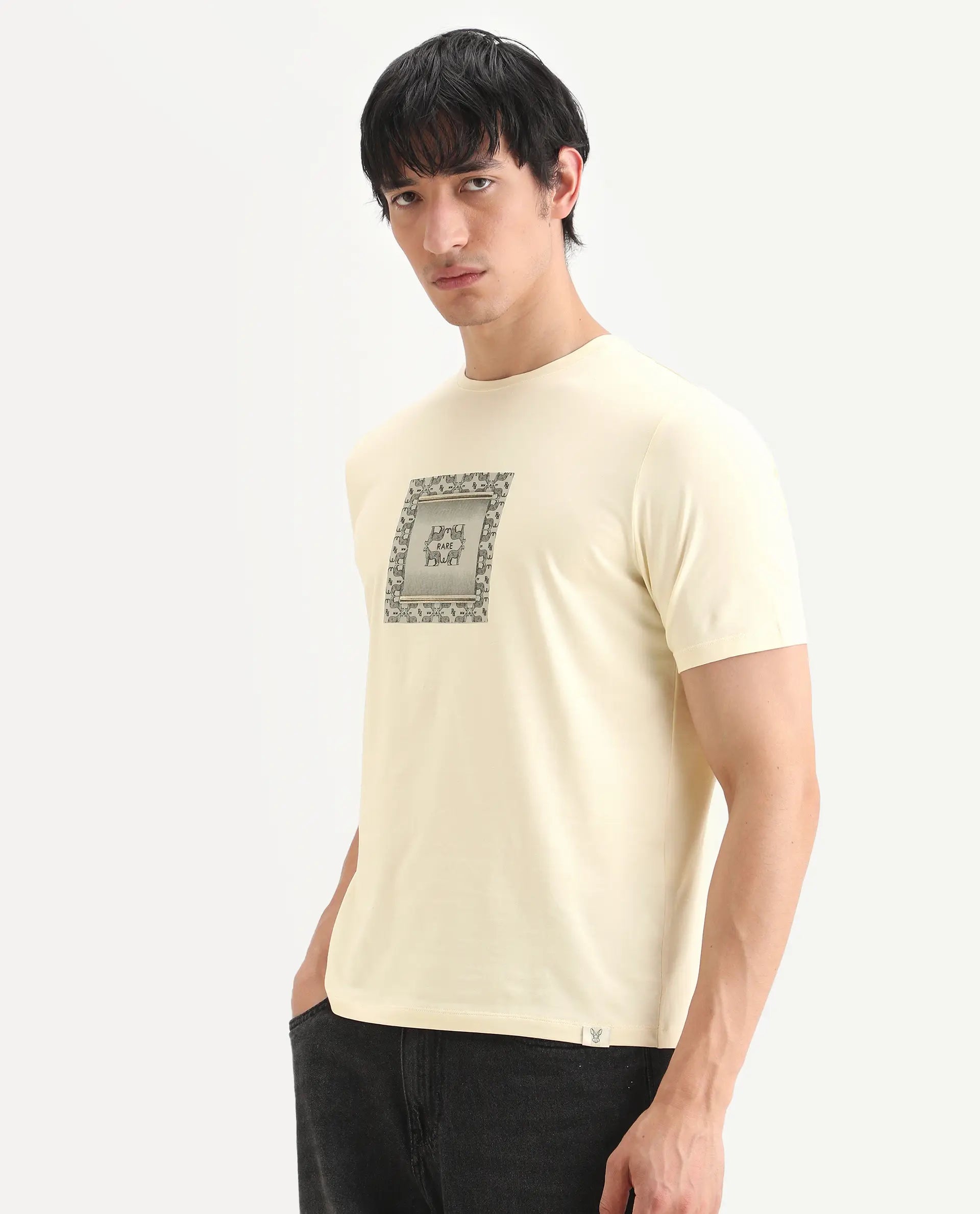 Rare Rabbit Men's Tigo Pastel Yellow Cotton Blend Fabric Half Sleeve Crew Neck Regular Fit Graphic Print T-Shirt
