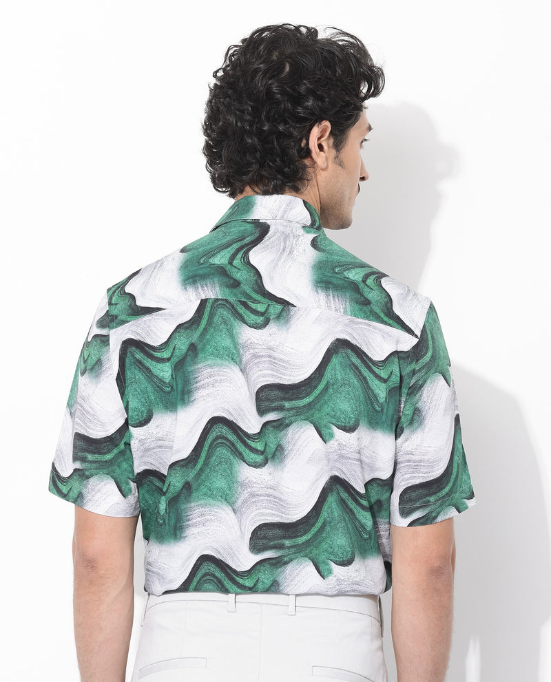 Rare Rabbit Men's Tijon Dark Green Viscose Fabric Short Sleeve Regular Fit Abstract Print Shirt