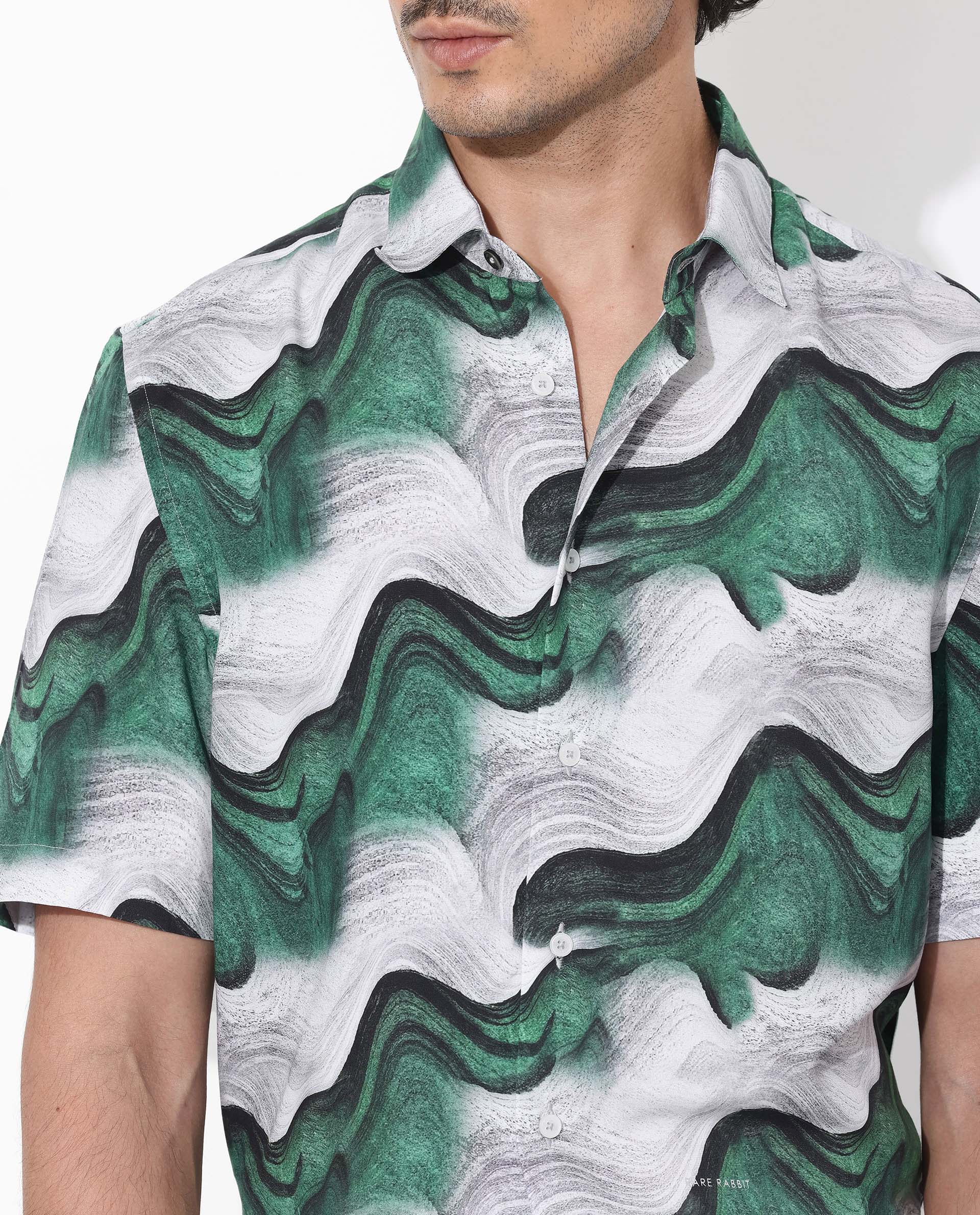 Rare Rabbit Men's Tijon Dark Green Viscose Fabric Short Sleeve Regular Fit Abstract Print Shirt