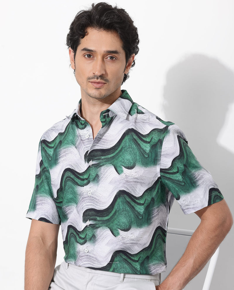 Rare Rabbit Men's Tijon Dark Green Viscose Fabric Short Sleeve Regular Fit Abstract Print Shirt