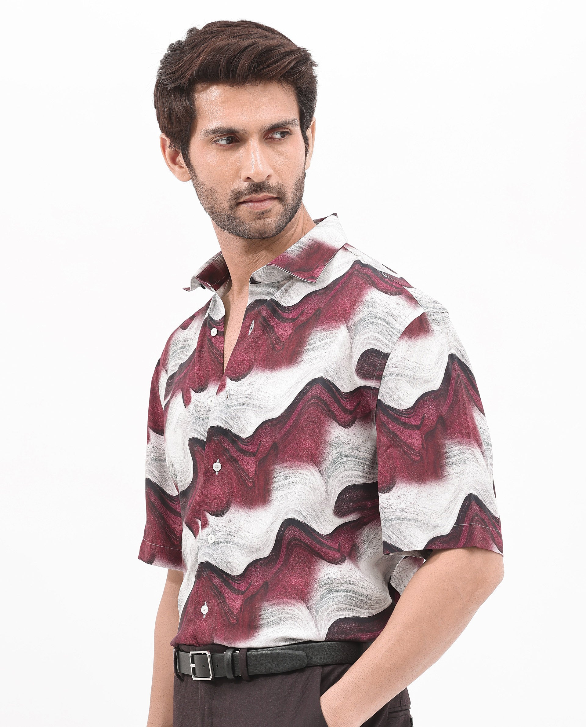 Rare Rabbit Men's Tijon Dark Red Viscose Fabric Short Sleeve Regular Fit Abstract Print Shirt