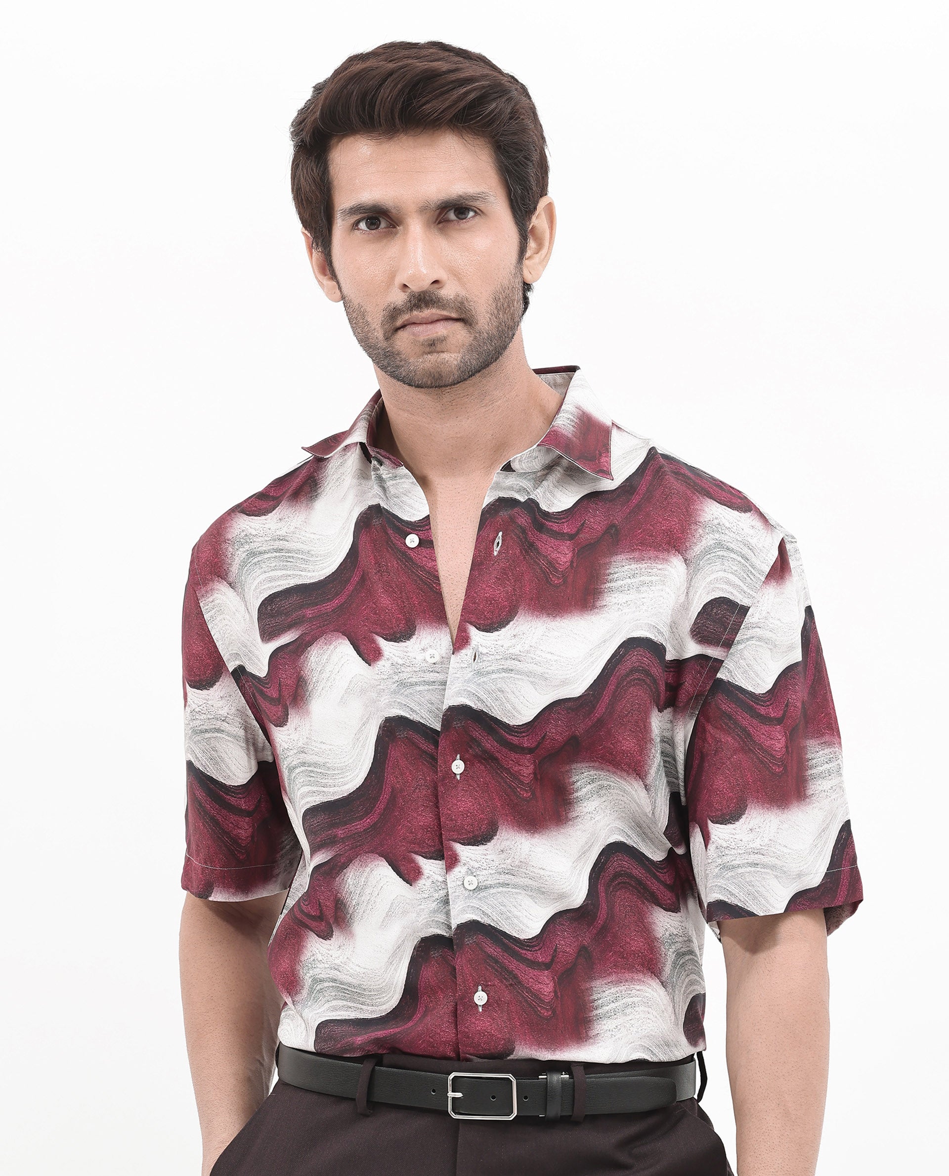 Rare Rabbit Men's Tijon Dark Red Viscose Fabric Short Sleeve Regular Fit Abstract Print Shirt