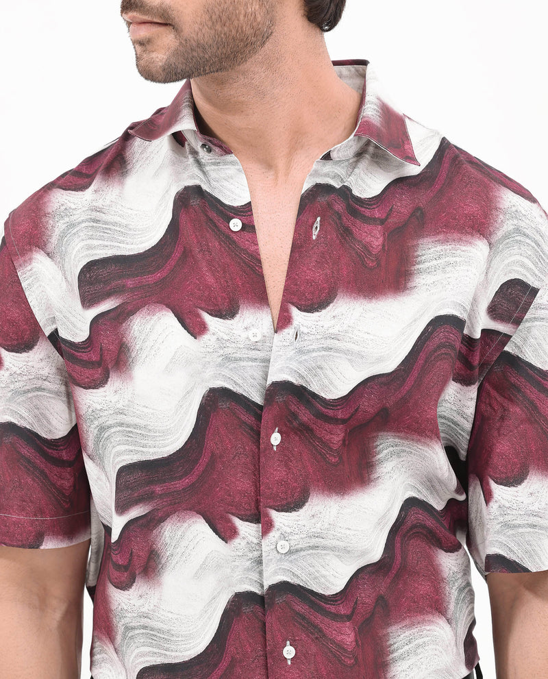 Rare Rabbit Men's Tijon Dark Red Viscose Fabric Short Sleeve Regular Fit Abstract Print Shirt