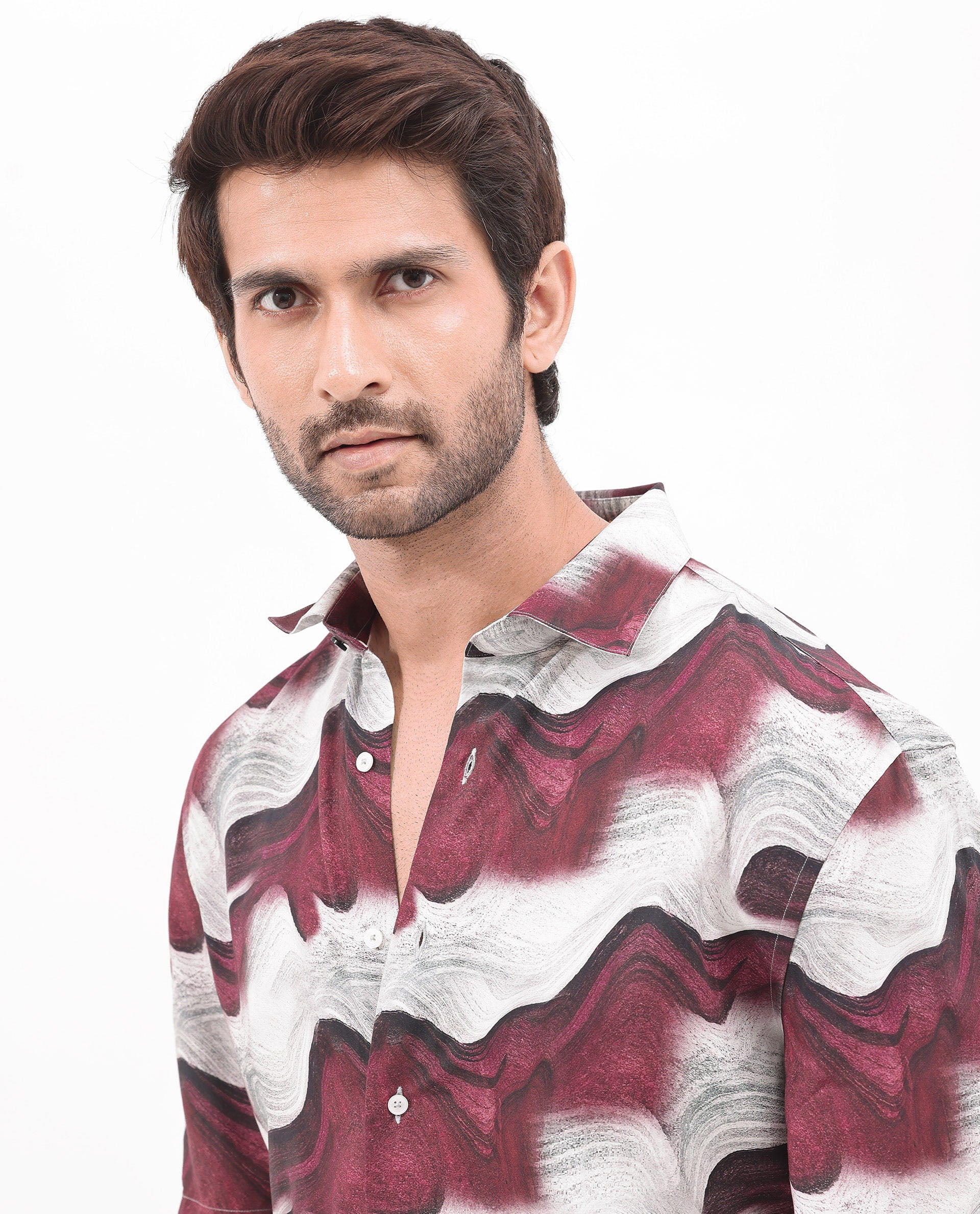 Rare Rabbit Men's Tijon Dark Red Viscose Fabric Short Sleeve Regular Fit Abstract Print Shirt