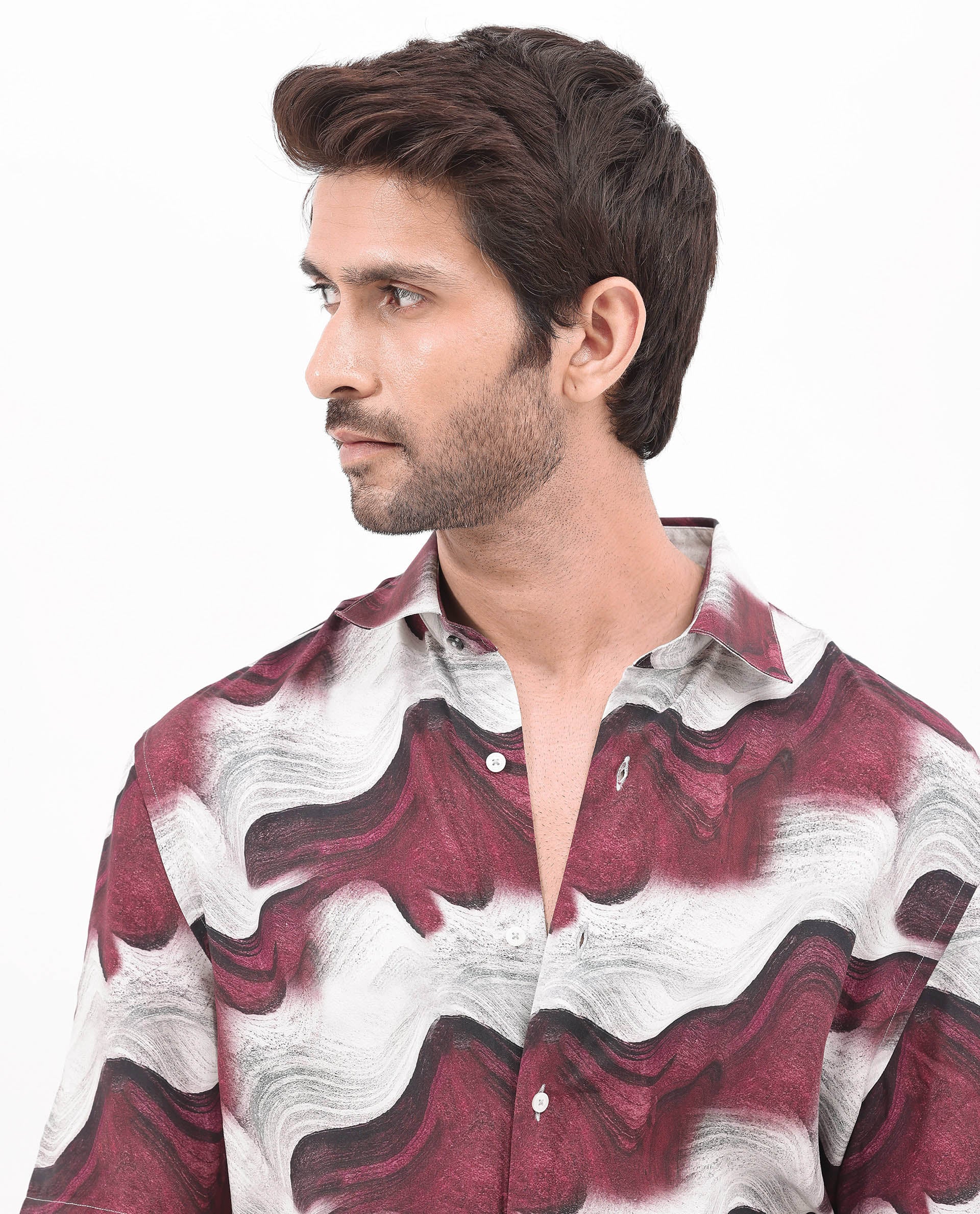 Rare Rabbit Men's Tijon Dark Red Viscose Fabric Short Sleeve Regular Fit Abstract Print Shirt