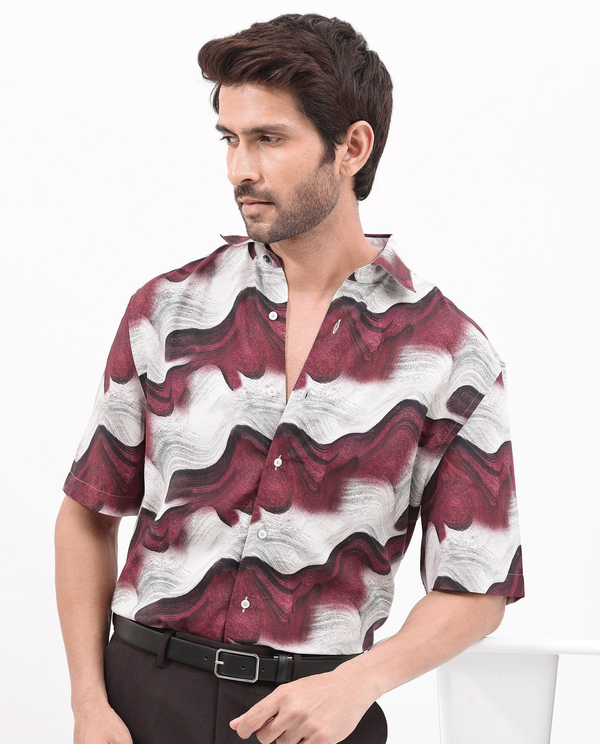 Rare Rabbit Men's Tijon Dark Red Viscose Fabric Short Sleeve Regular Fit Abstract Print Shirt