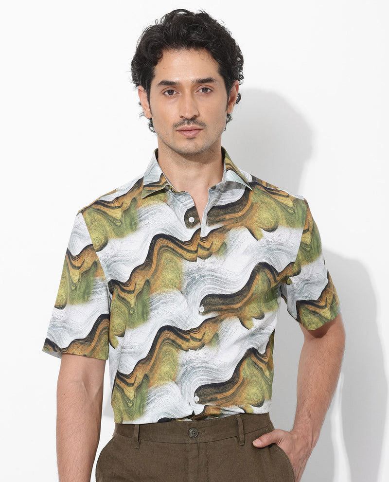 Rare Rabbit Men's Tijon Olive Viscose Fabric Short Sleeve Regular Fit Abstract Print Shirt