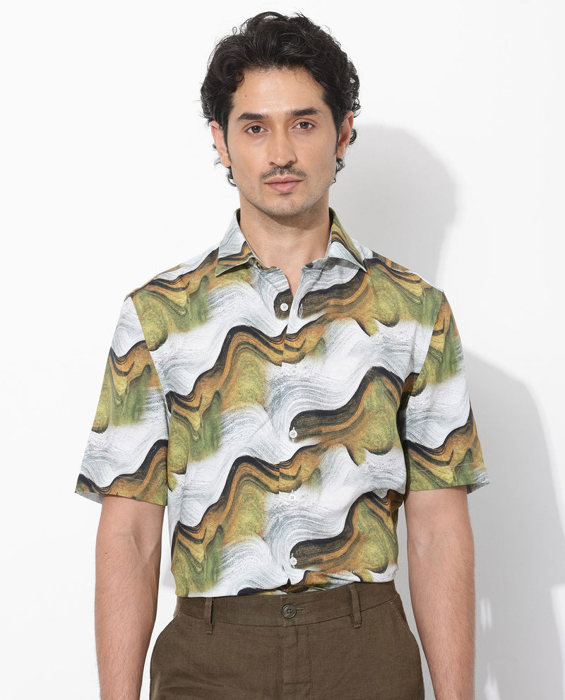 Rare Rabbit Men's Tijon Olive Viscose Fabric Short Sleeve Regular Fit Abstract Print Shirt