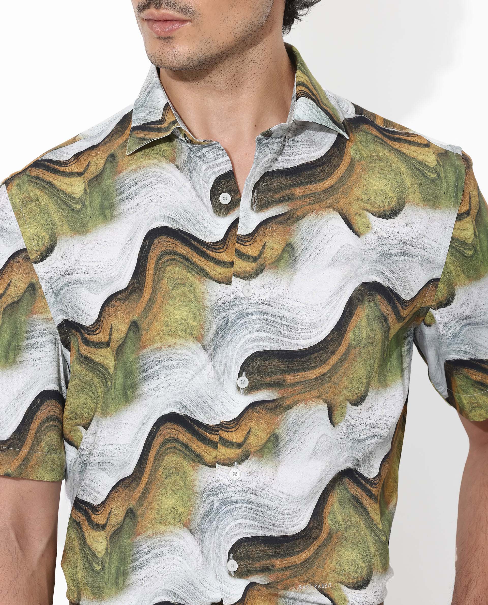 Rare Rabbit Men's Tijon Olive Viscose Fabric Short Sleeve Regular Fit Abstract Print Shirt