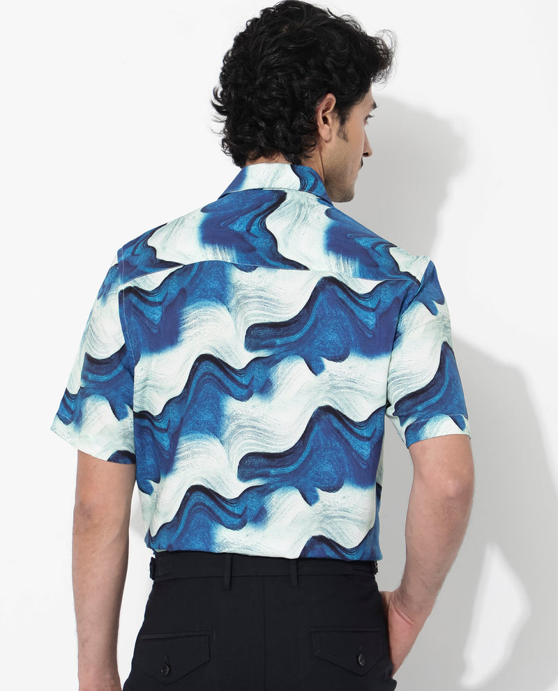 Rare Rabbit Men's Tijon Blue Viscose Fabric Short Sleeve Regular Fit Abstract Print Shirt