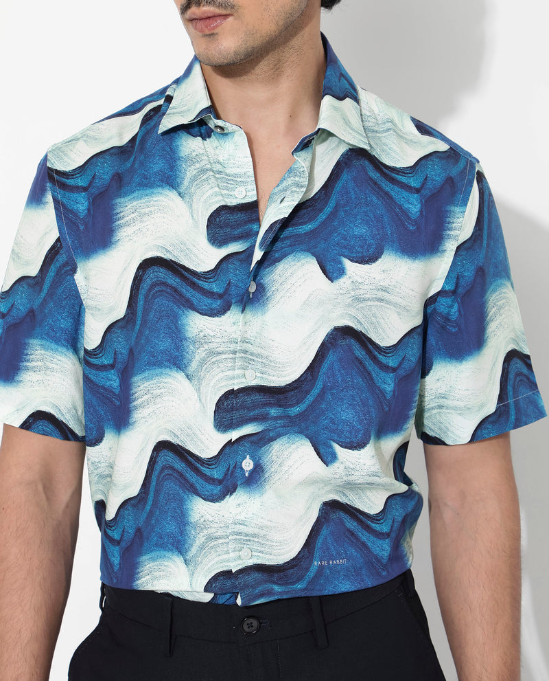 Rare Rabbit Men's Tijon Blue Viscose Fabric Short Sleeve Regular Fit Abstract Print Shirt