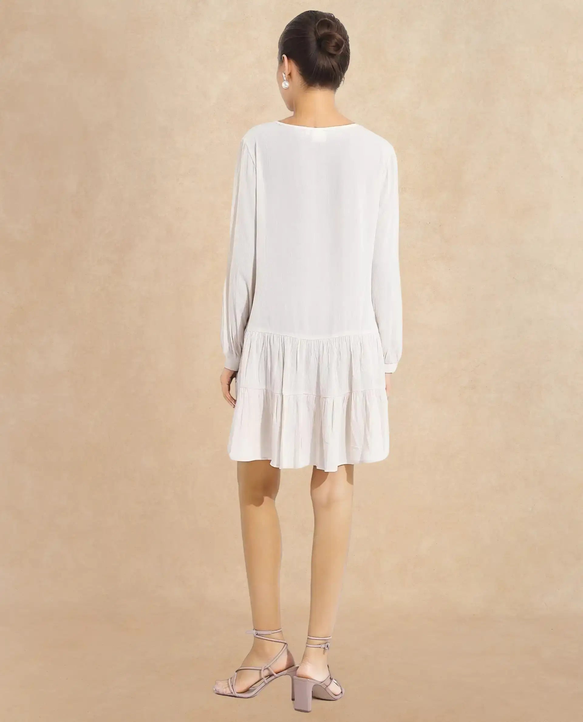 Rareism Women Tijuana Dusky Off White Bishop Sleeve Crew Neck Relaxed Fit Plain Knee Length Dress