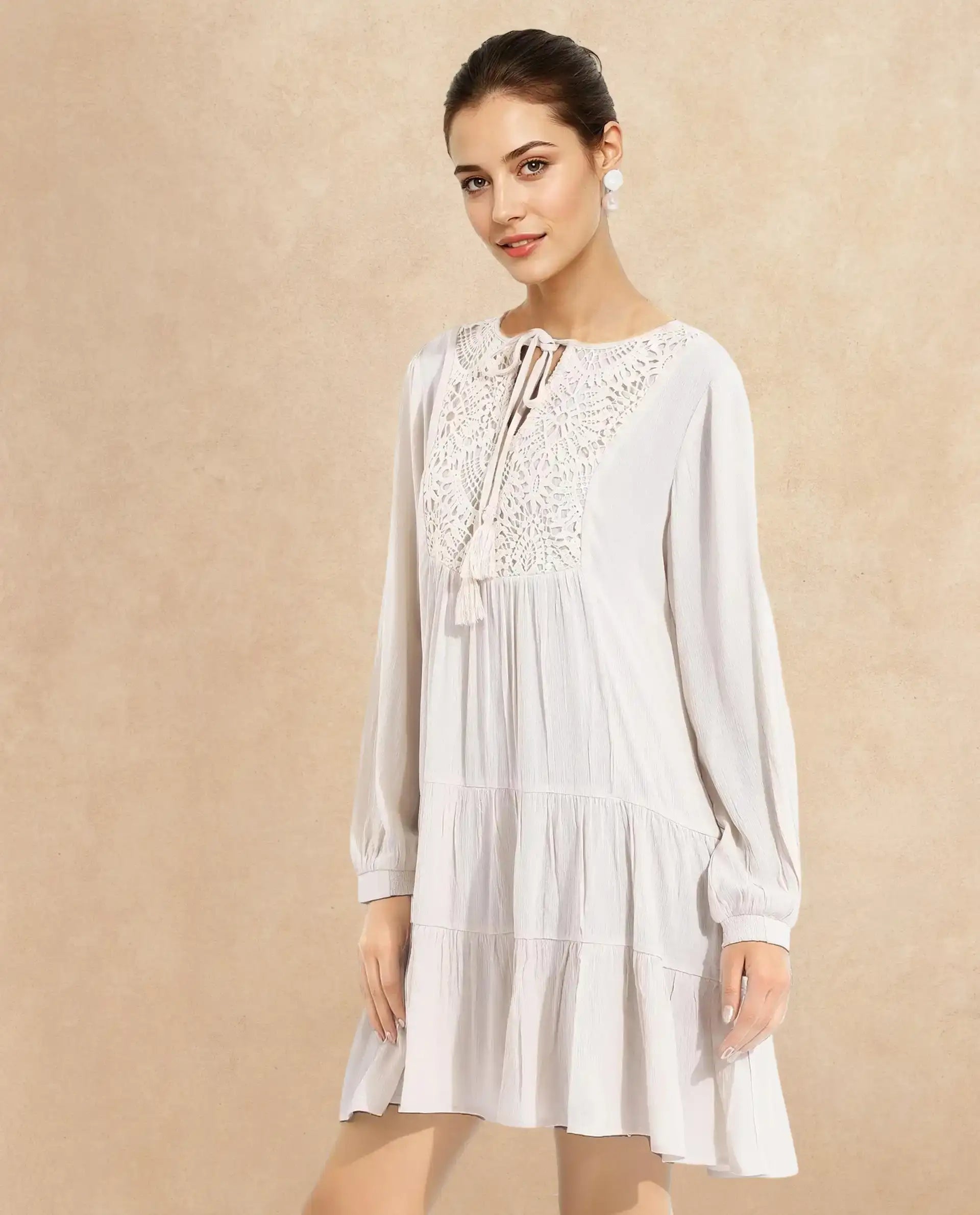 Rareism Women Tijuana Dusky Off White Bishop Sleeve Crew Neck Relaxed Fit Plain Knee Length Dress