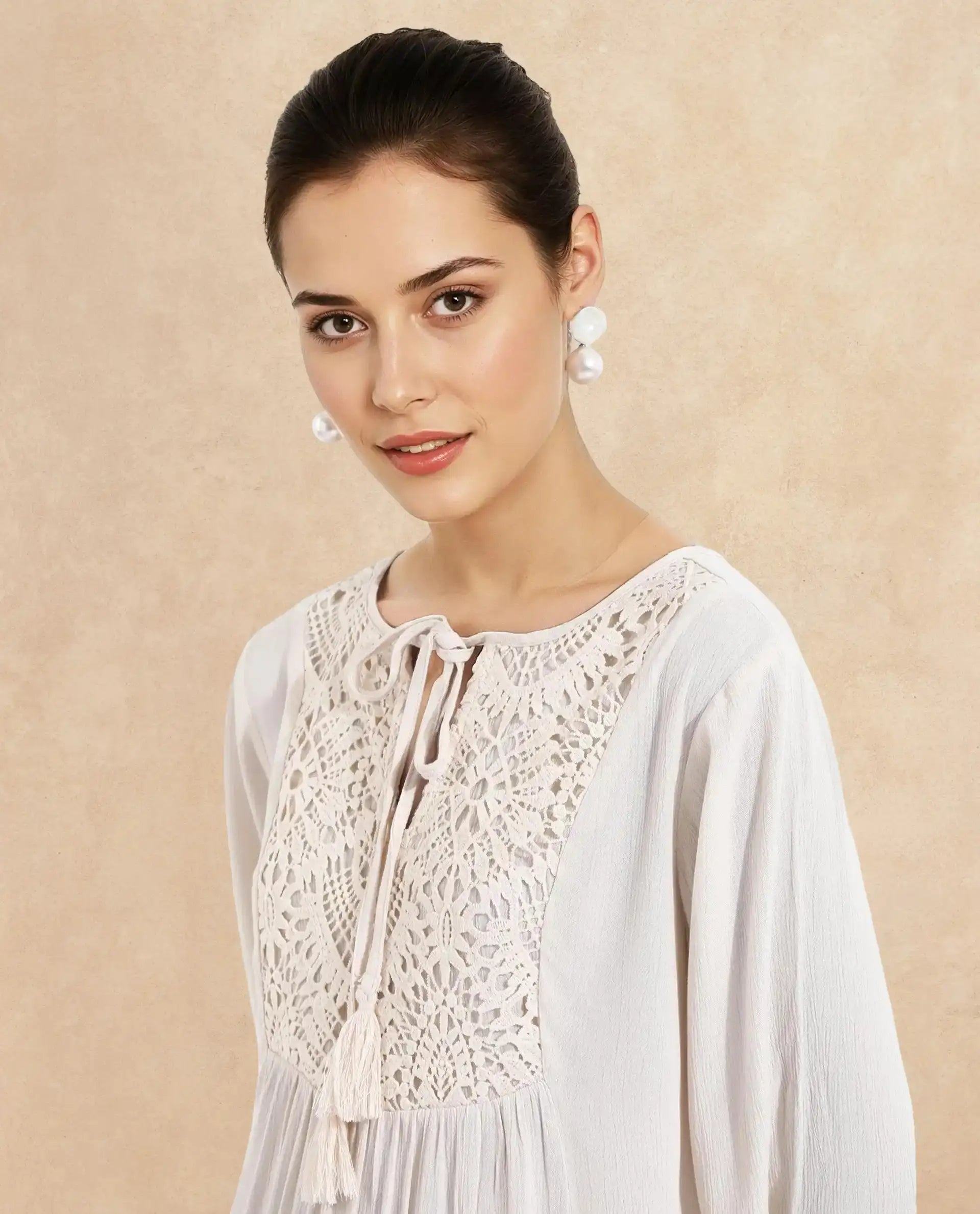 Rareism Women Tijuana Dusky Off White Bishop Sleeve Crew Neck Relaxed Fit Plain Knee Length Dress