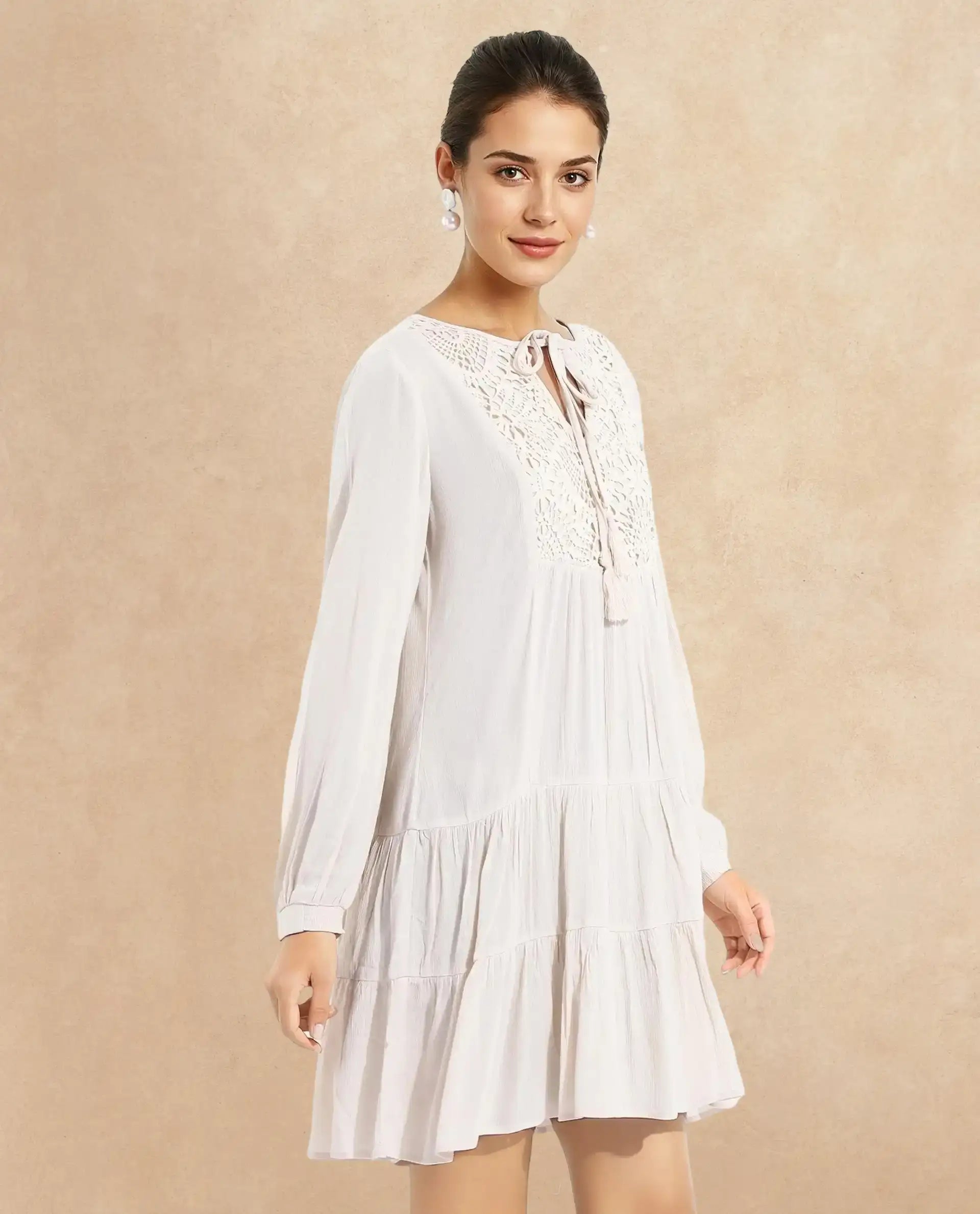 Rareism Women Tijuana Dusky Off White Bishop Sleeve Crew Neck Relaxed Fit Plain Knee Length Dress