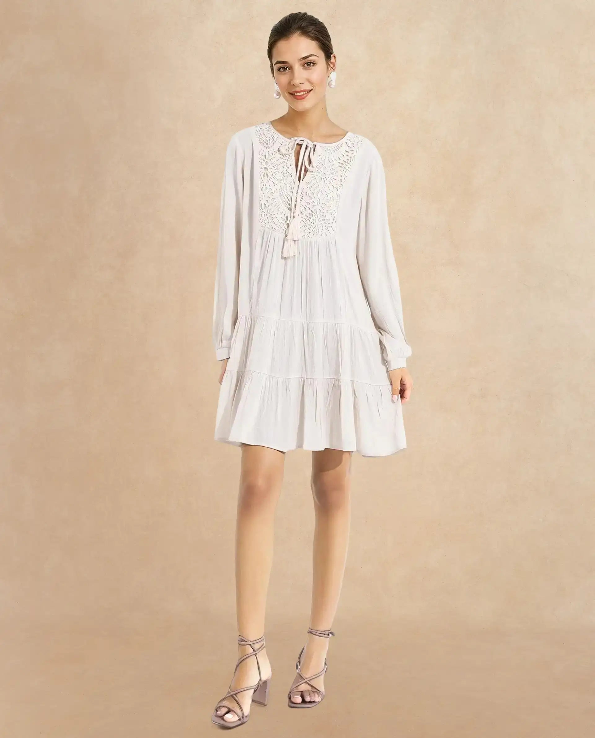 Rareism Women Tijuana Dusky Off White Bishop Sleeve Crew Neck Relaxed Fit Plain Knee Length Dress