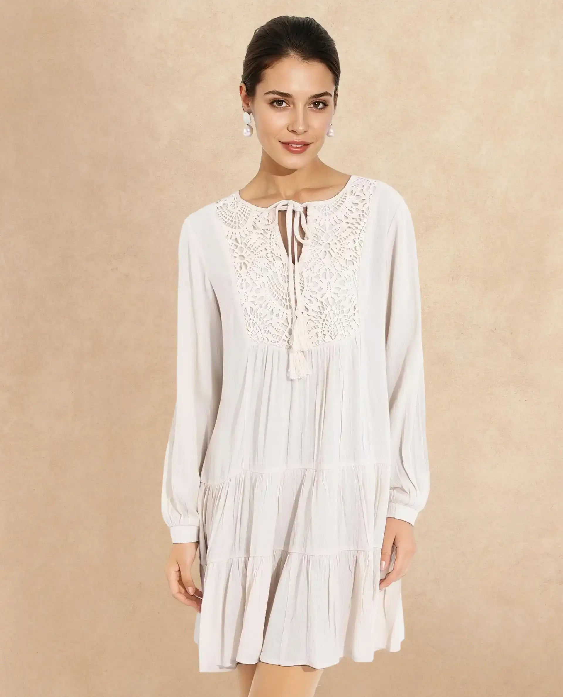 Rareism Women Tijuana Dusky Off White Bishop Sleeve Crew Neck Relaxed Fit Plain Knee Length Dress