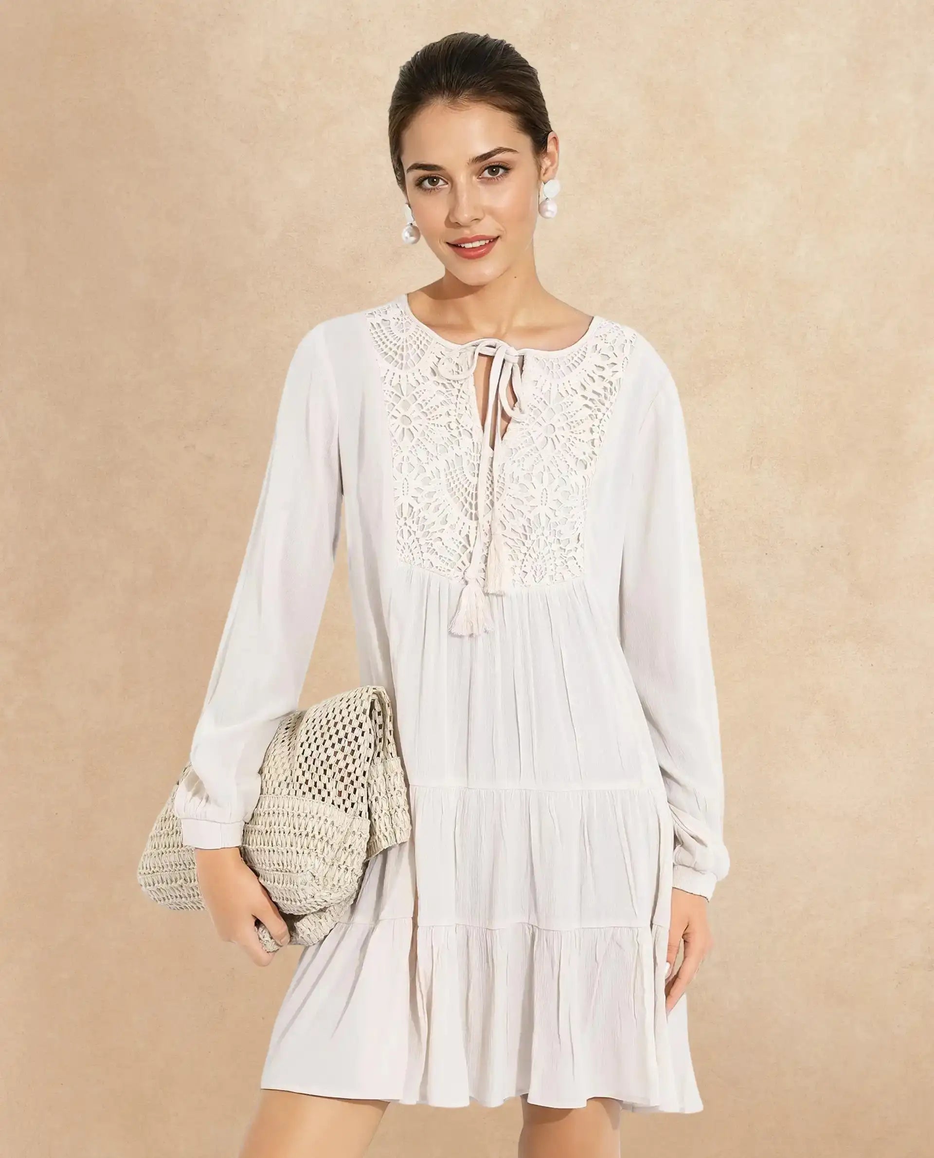 Rareism Women Tijuana Dusky Off White Bishop Sleeve Crew Neck Relaxed Fit Plain Knee Length Dress