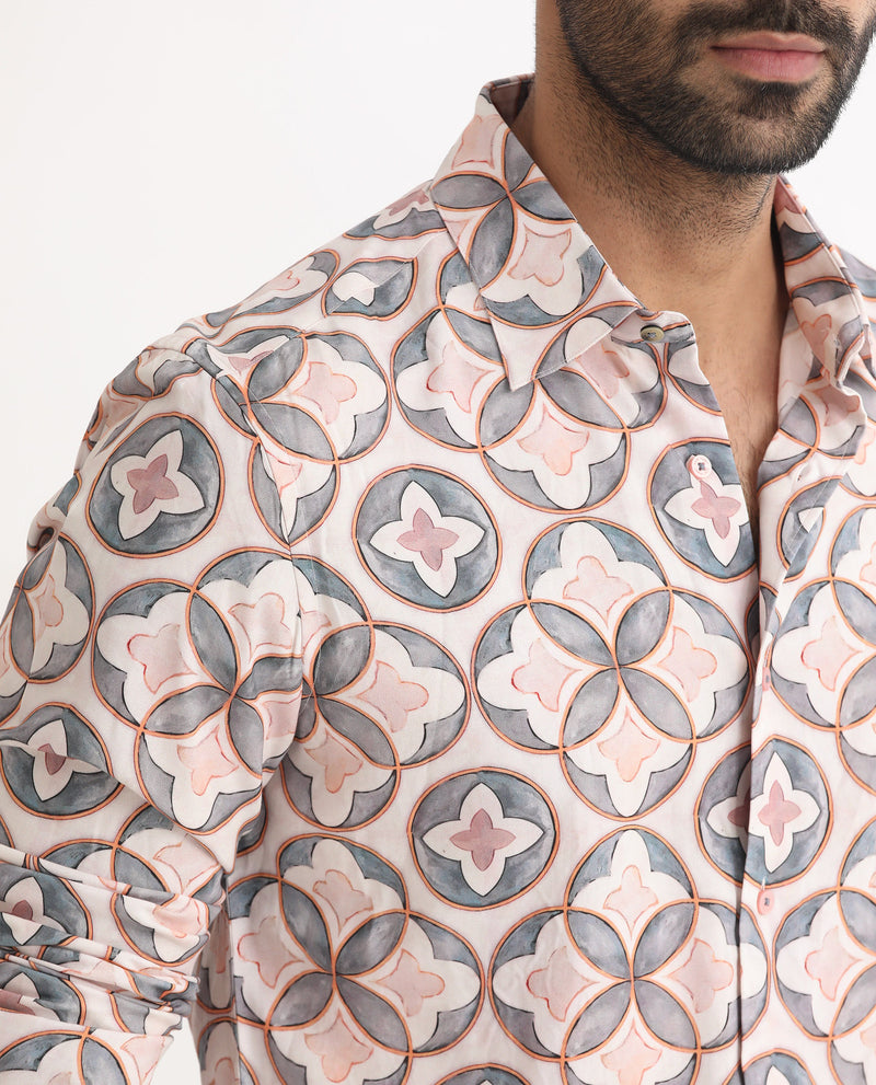 Rare Rabbit Men's Tiler Multi Viscose Fabric Geometric Print Full Sleeves Shirt