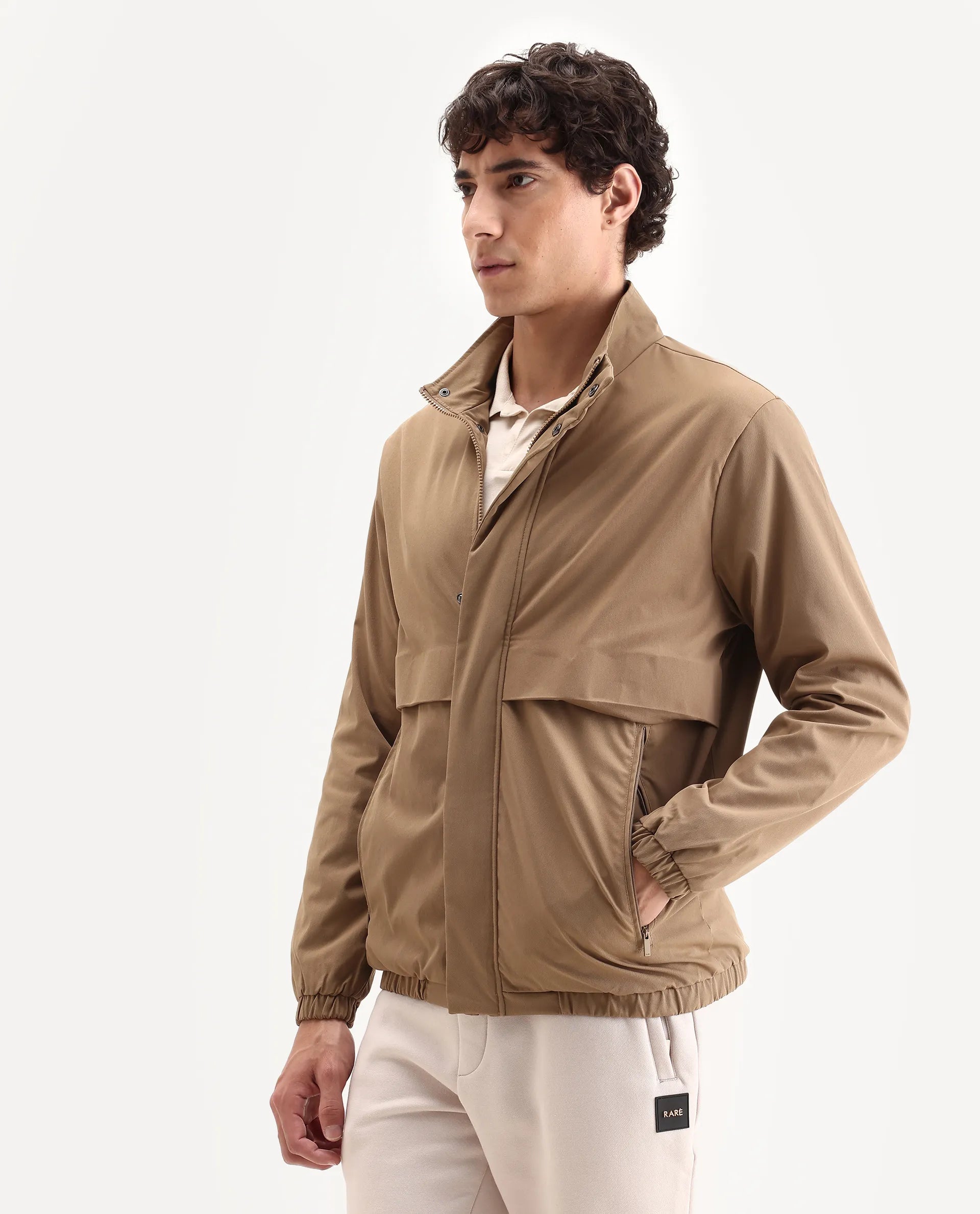 Rare Rabbit Men's Tim Beige Polyester Fabric High Neck Regular Fit Plain Jacket