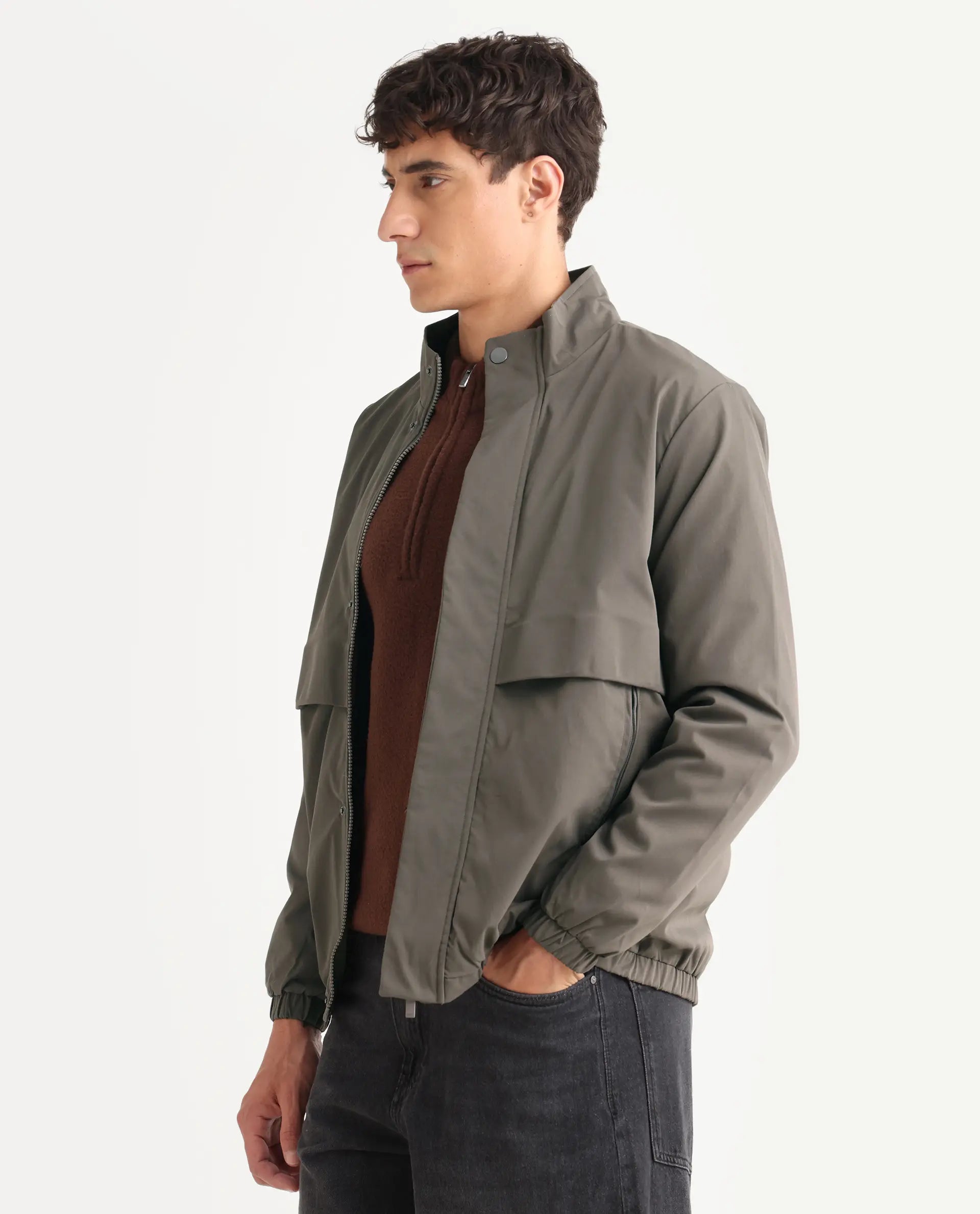 Rare Rabbit Men's Tim Grey Polyester Fabric High Neck Regular Fit Plain Jacket