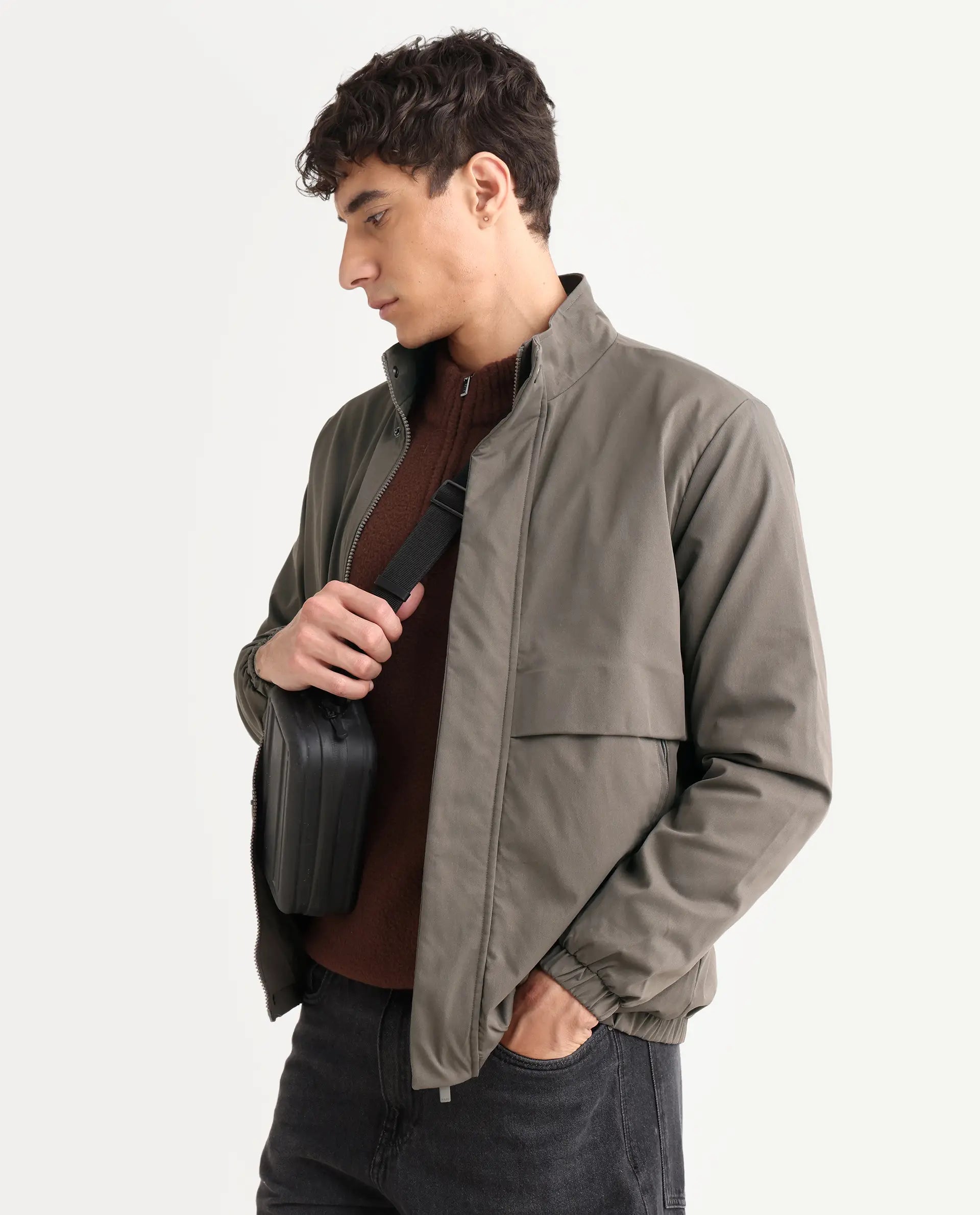 Rare Rabbit Men's Tim Grey Polyester Fabric High Neck Regular Fit Plain Jacket