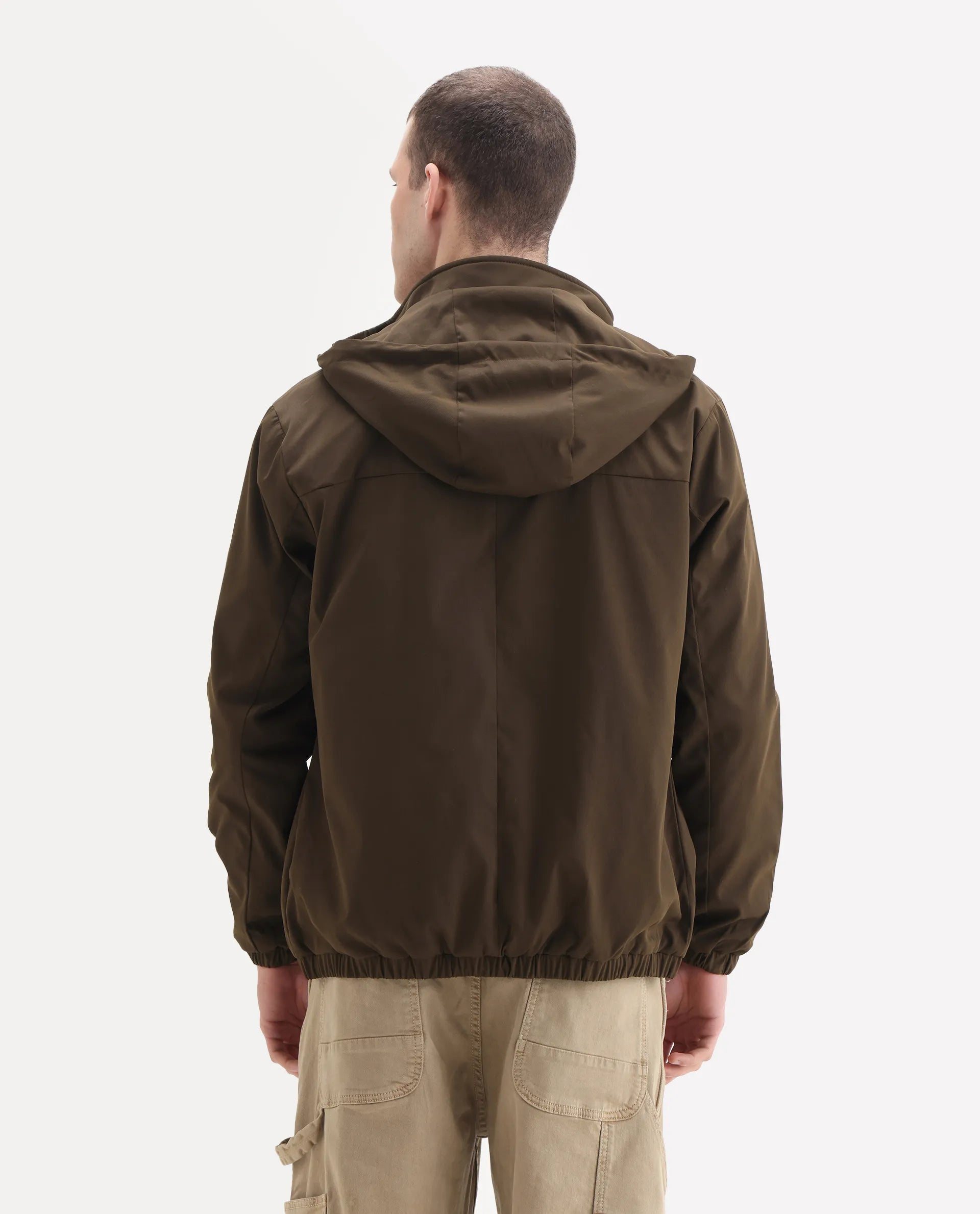 Rare Rabbit Men's Timmins Brown Polyester Fabric Hooded Neck Relaxed Plain Jacket