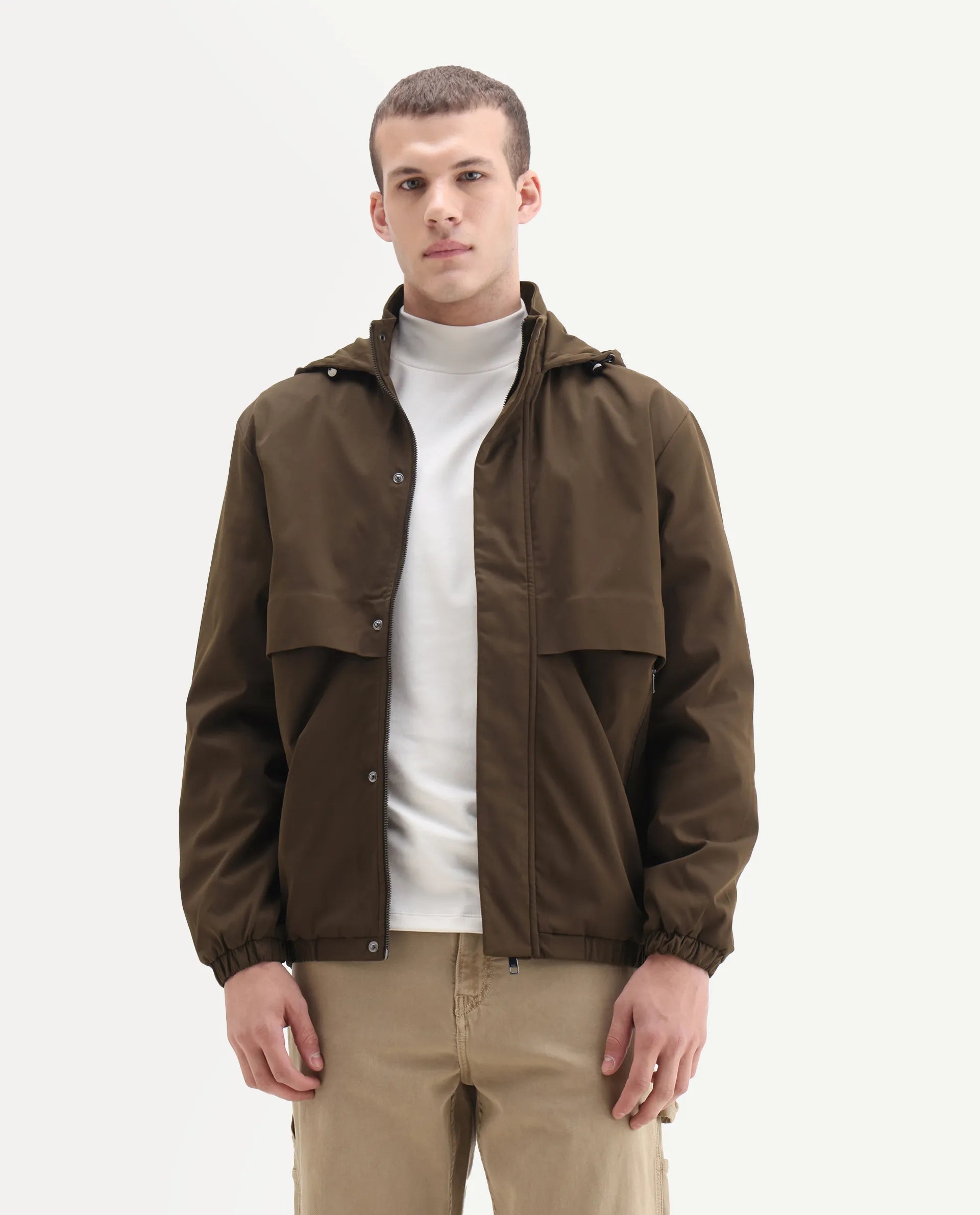 Rare Rabbit Men's Timmins Brown Polyester Fabric Hooded Neck Relaxed Plain Jacket