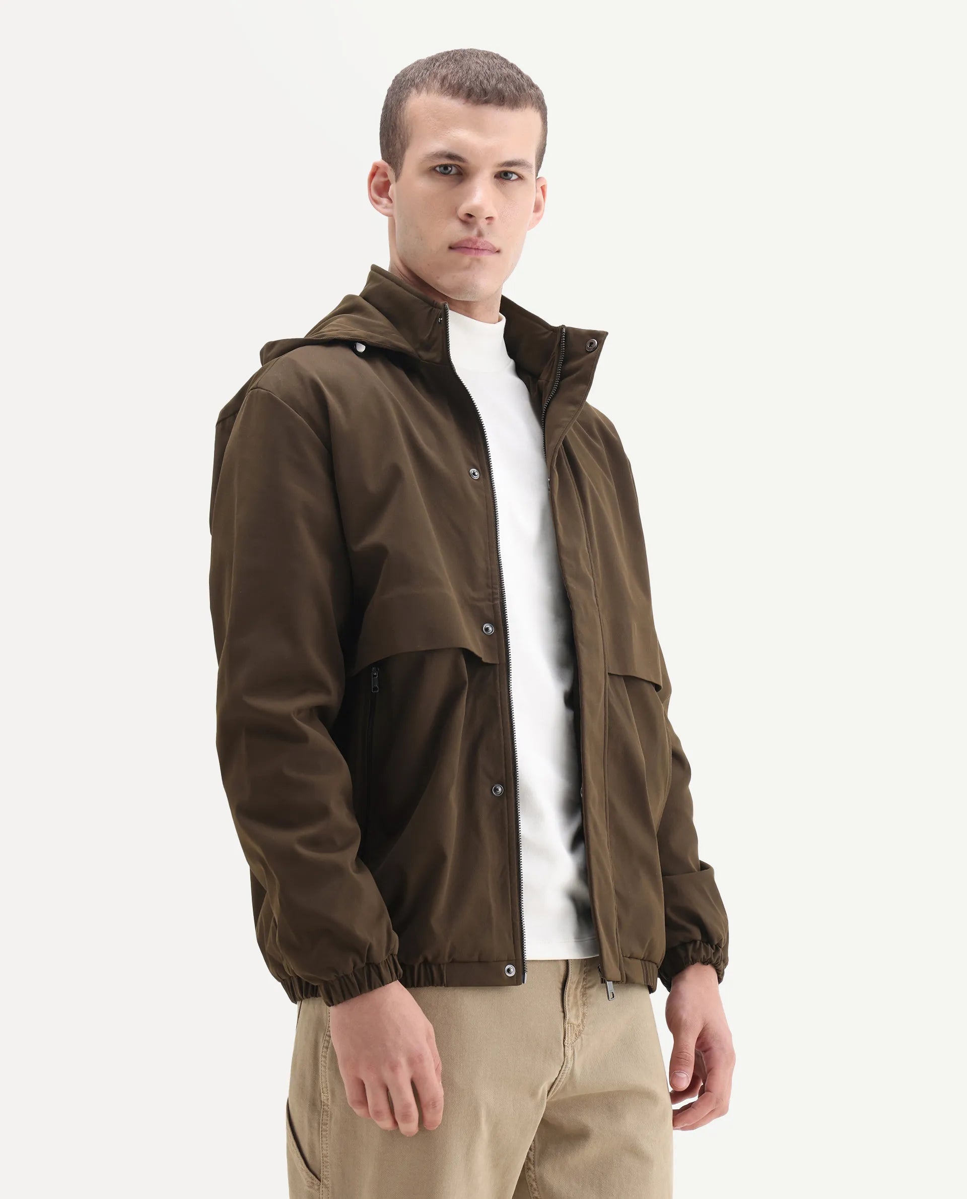 Rare Rabbit Men's Timmins Brown Polyester Fabric Hooded Neck Relaxed Plain Jacket