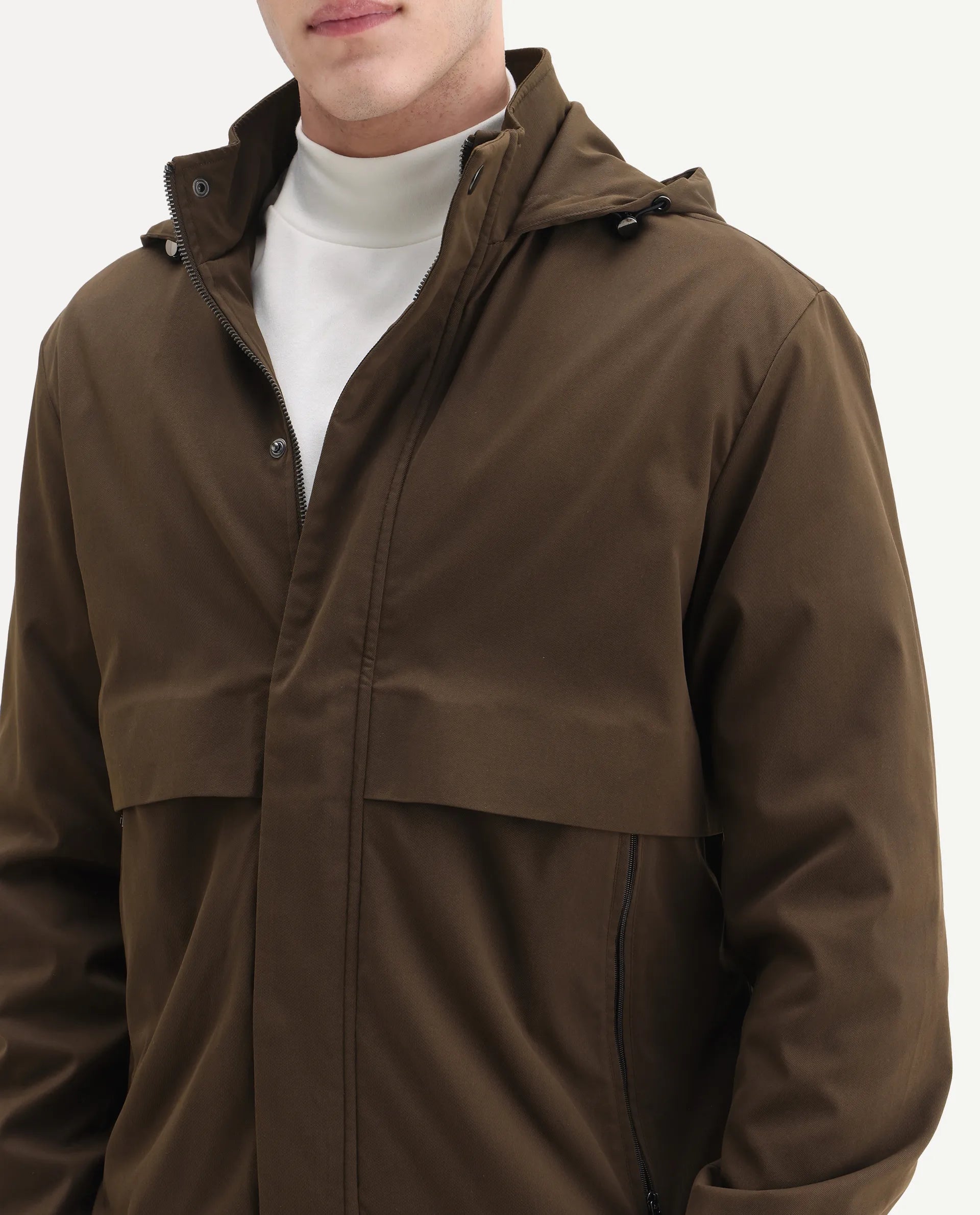Rare Rabbit Men's Timmins Brown Polyester Fabric Hooded Neck Relaxed Plain Jacket