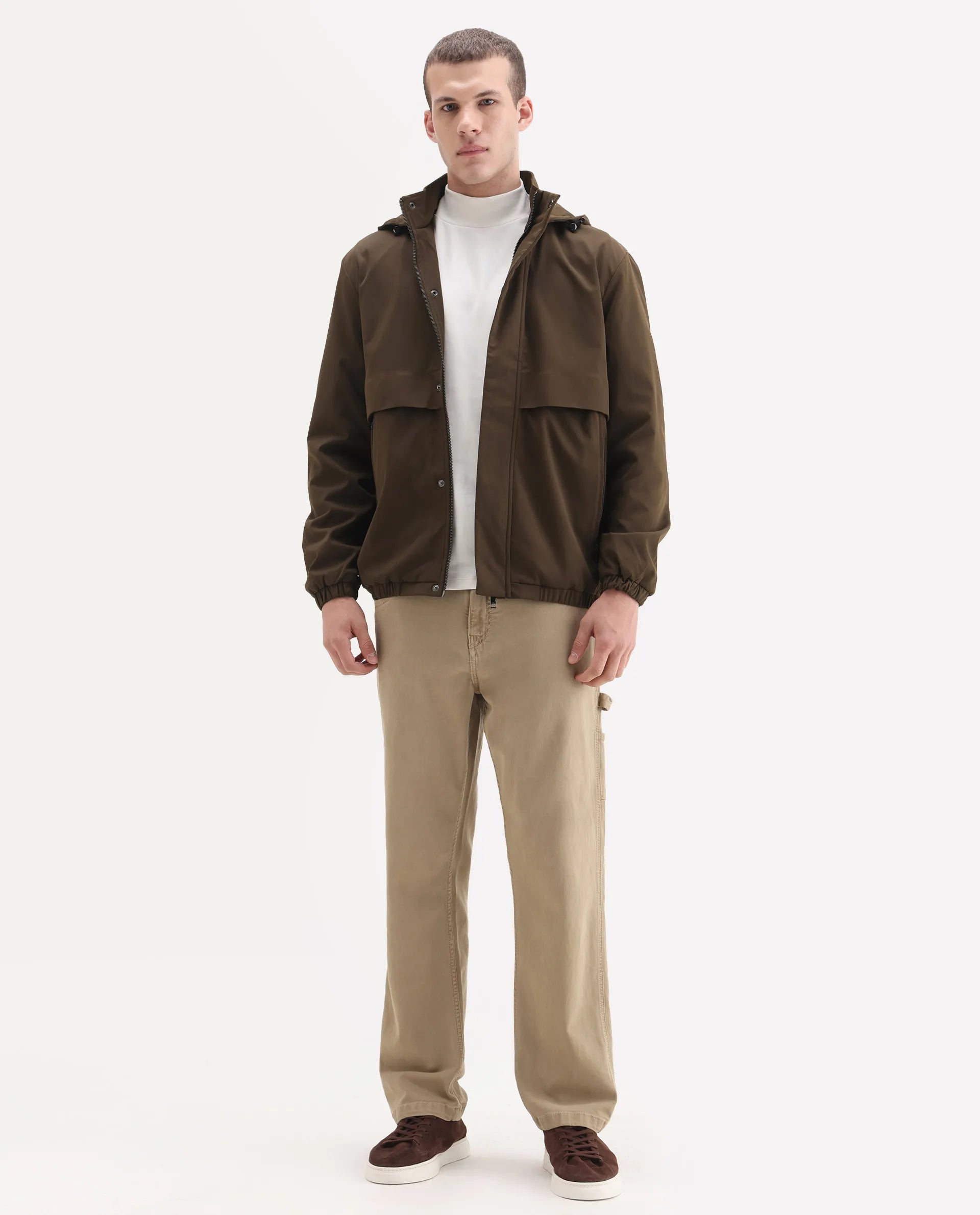 Rare Rabbit Men's Timmins Brown Polyester Fabric Hooded Neck Relaxed Plain Jacket