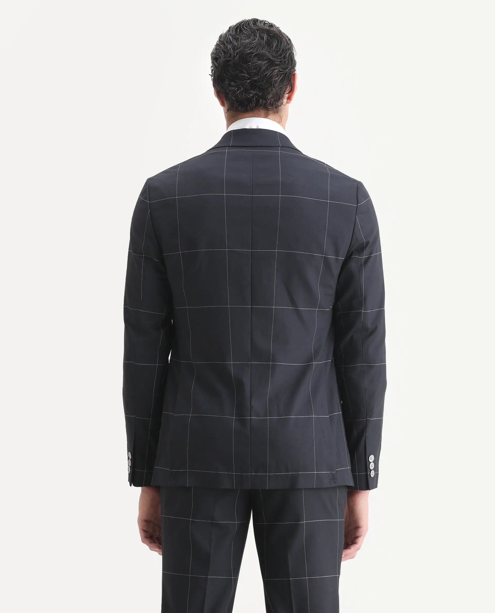 Rare Rabbit Men's Tim Navy Polyester Checked Print Tailored Fit Full Sleeve Lapel Neck Suits