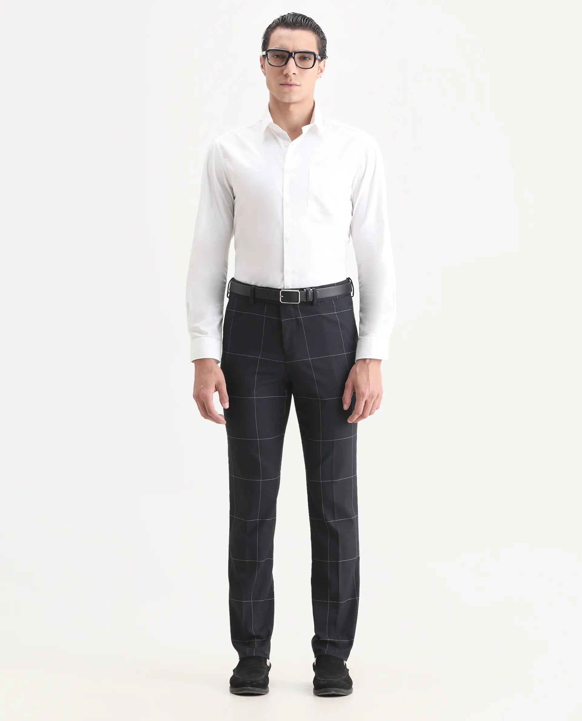 Rare Rabbit Men's Tim Navy Polyester Checked Print Tailored Fit Full Sleeve Lapel Neck Suits