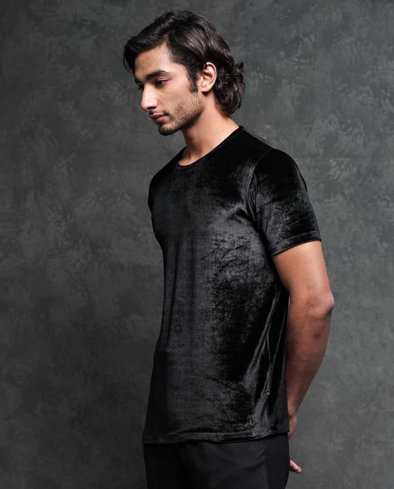 Rare Rabbit Men's Timo Black Polyester Fabric Crew Neck Half Sleeves Velvet Texture Solid T-Shirt