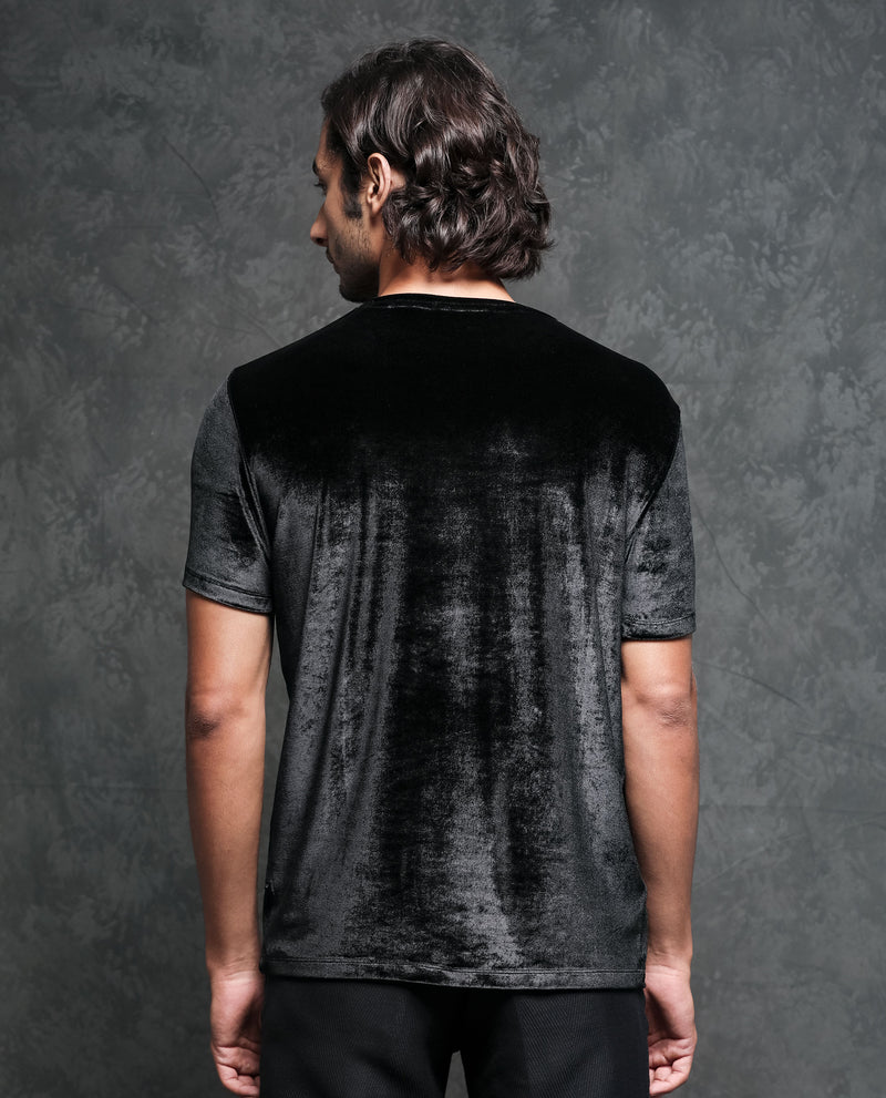 Rare Rabbit Men's Timo Black Polyester Fabric Crew Neck Half Sleeves Velvet Texture Solid T-Shirt