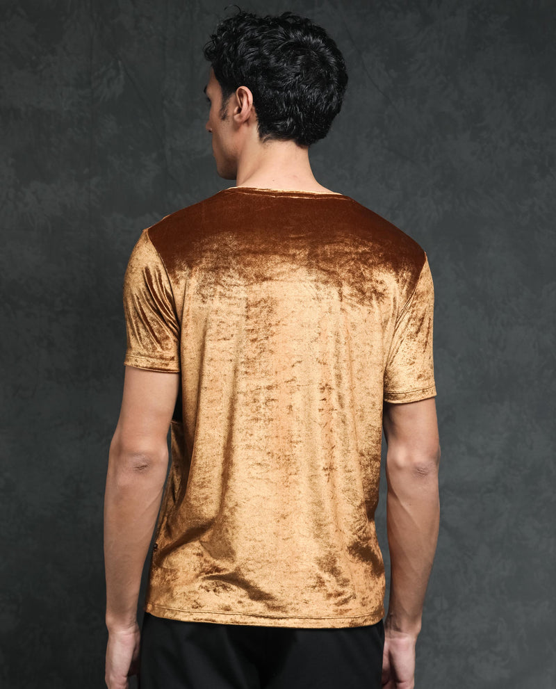 Rare Rabbit Men's Timos Mustard Polyester Lycra Fabric Crew Neck Half Sleeves Cut and Sew Velvet Texture T-Shirt
