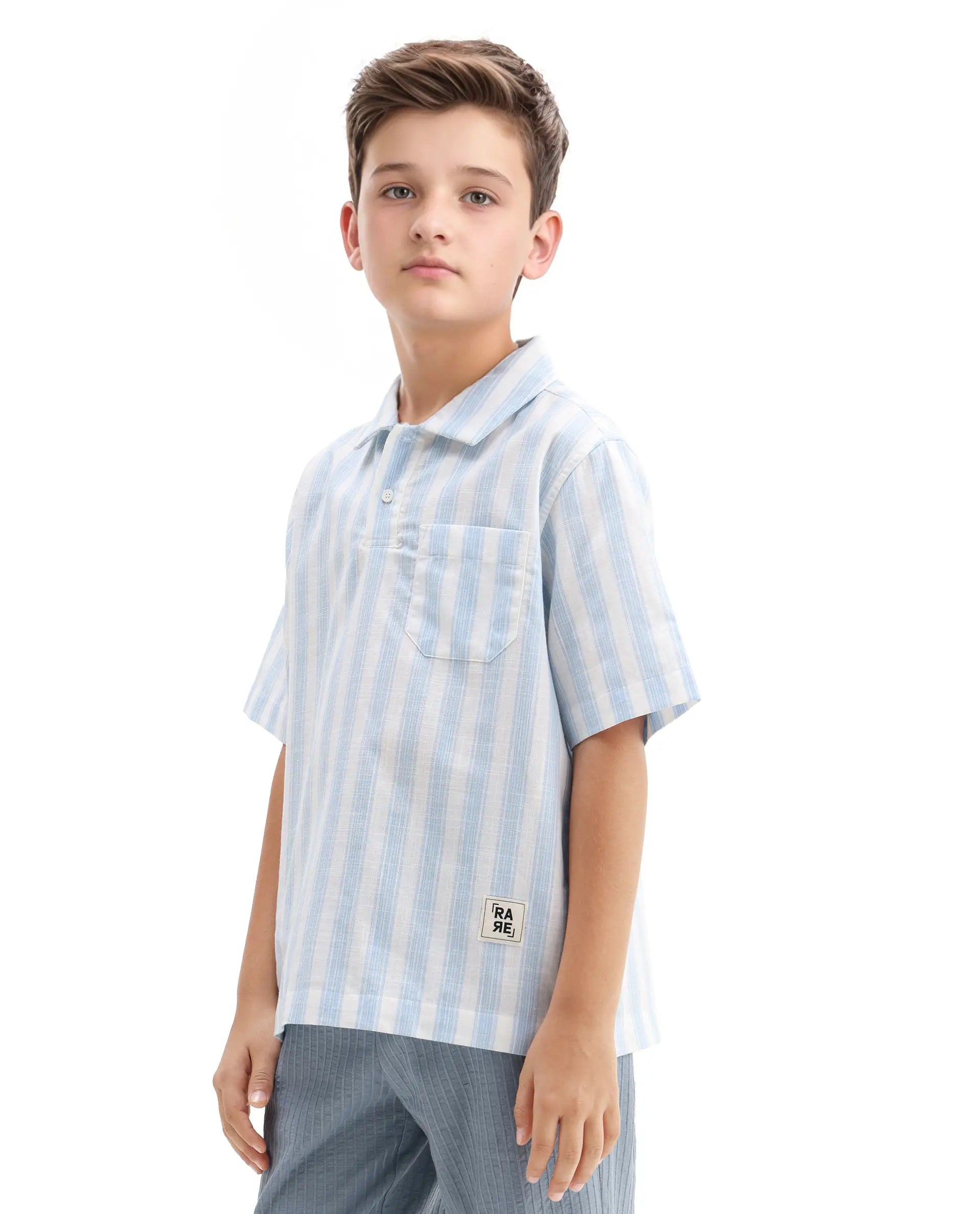 Rare Ones Kids Timo Blue Cotton Striped Button Closure Regular Fit Shirt