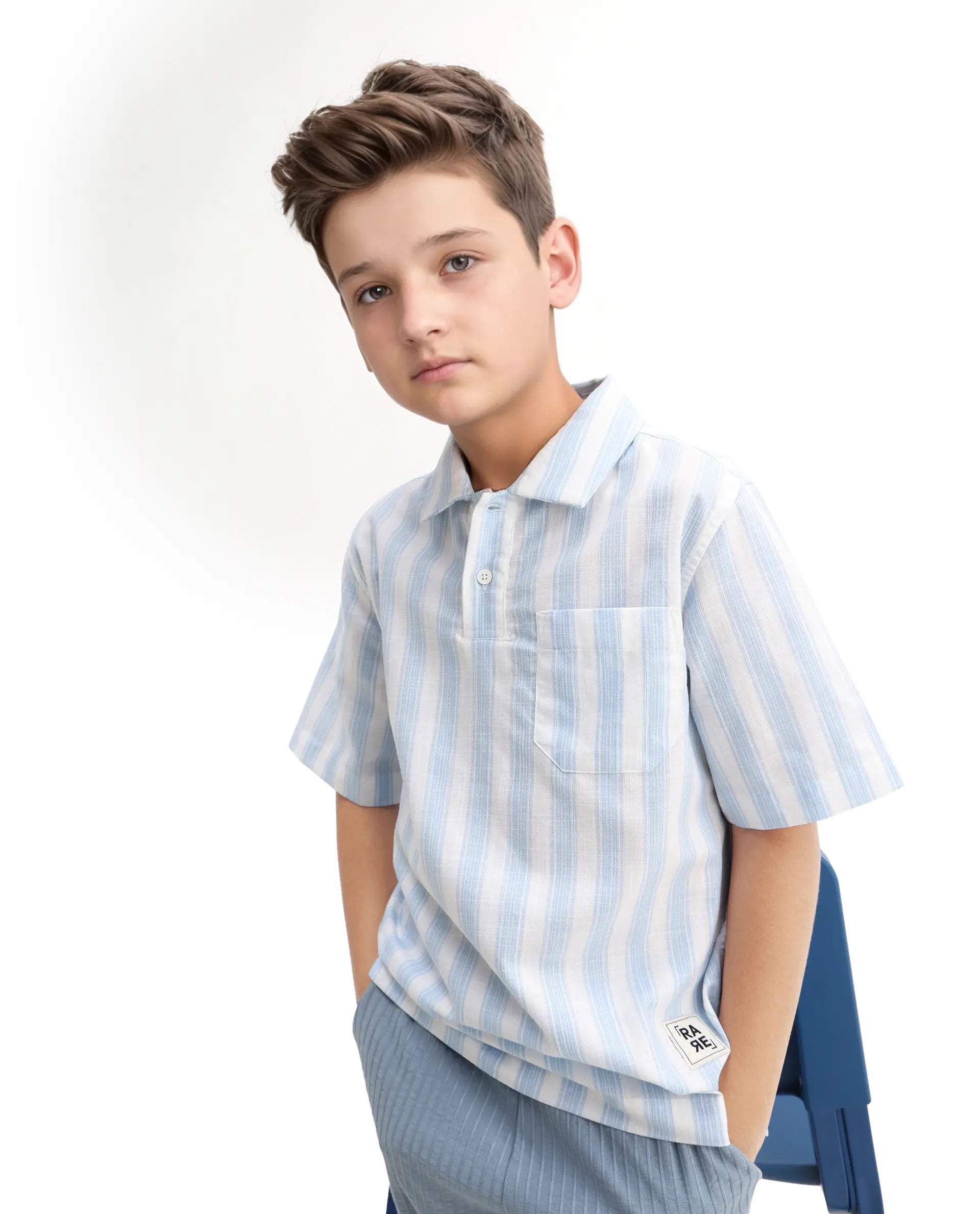 Rare Ones Kids Timo Blue Cotton Striped Button Closure Regular Fit Shirt