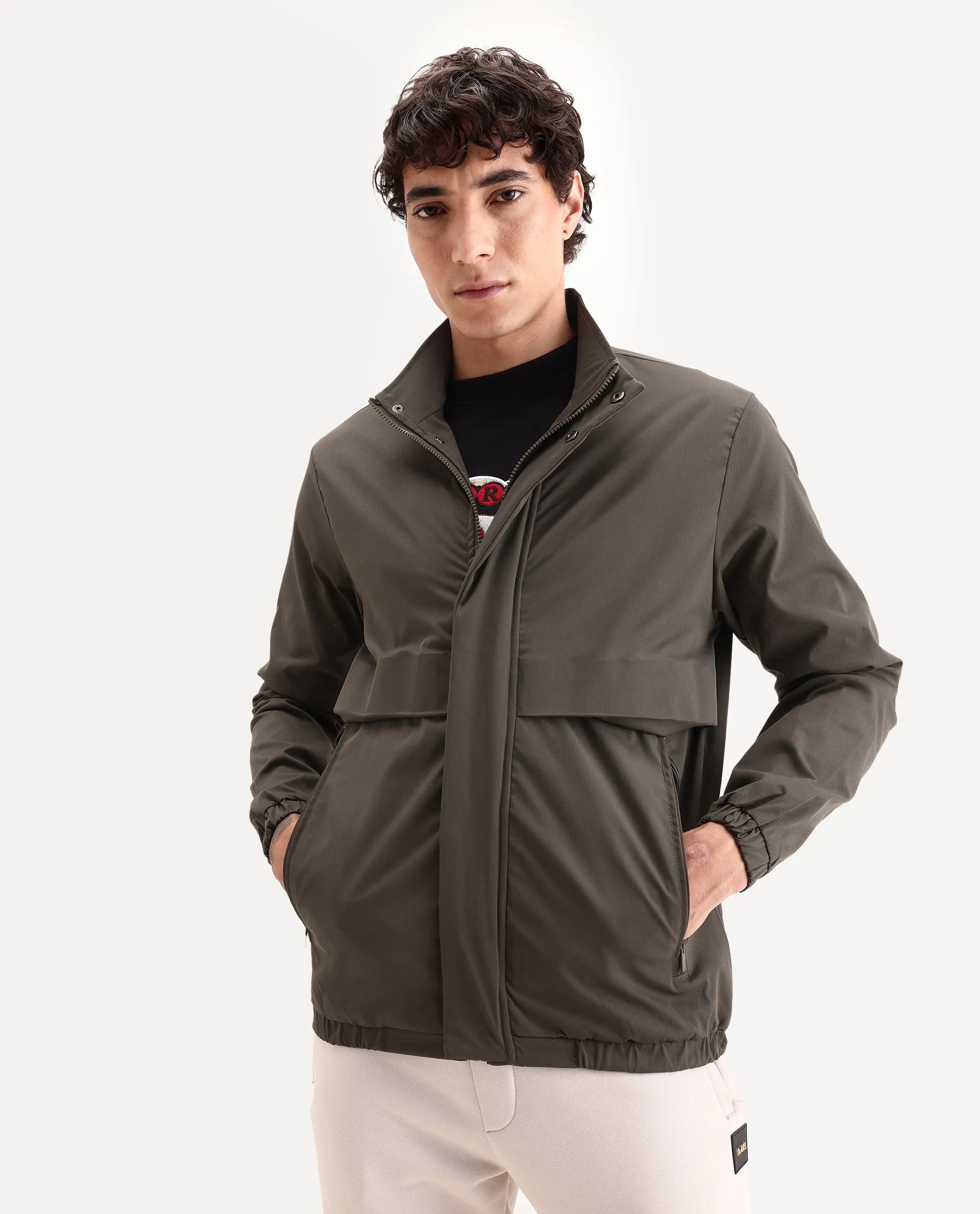 Rare Rabbit Men's Tim Olive Polyester Fabric High Neck Regular Fit Plain Jacket