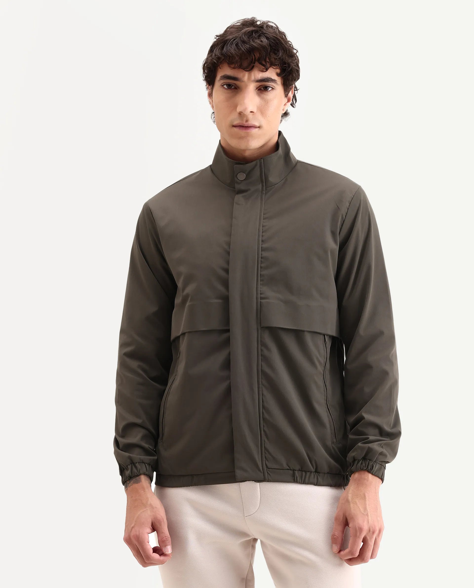 Rare Rabbit Men's Tim Olive Polyester Fabric High Neck Regular Fit Plain Jacket