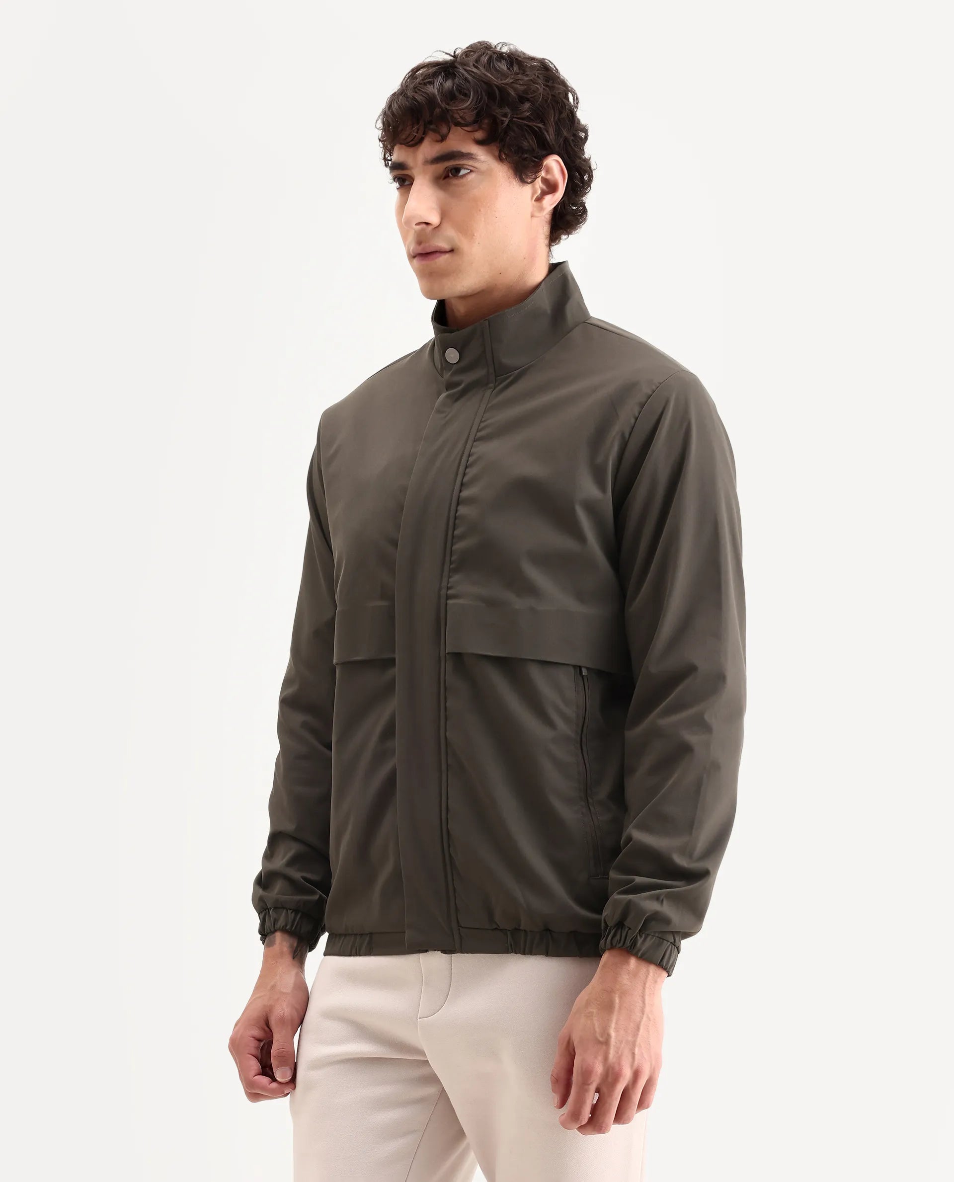 Rare Rabbit Men's Tim Olive Polyester Fabric High Neck Regular Fit Plain Jacket