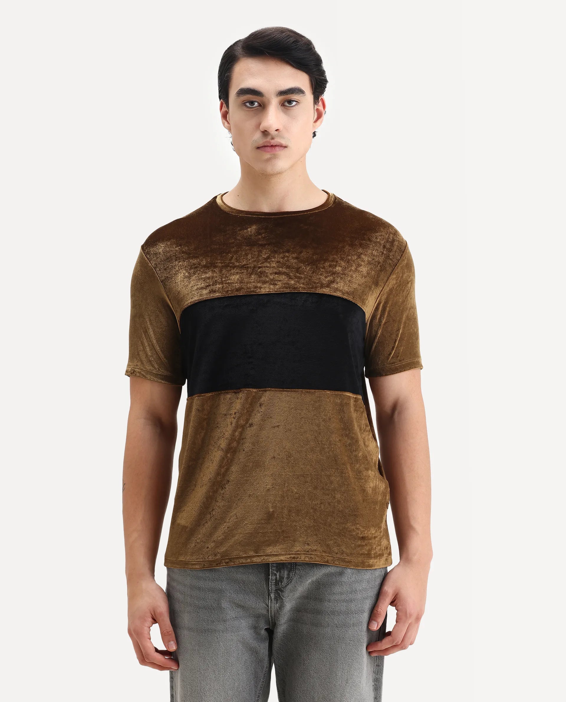 Rare Rabbit Men's Timos Mustard Velvet Ombre Slim Fit Half Sleeve Crew Neck T-Shirt