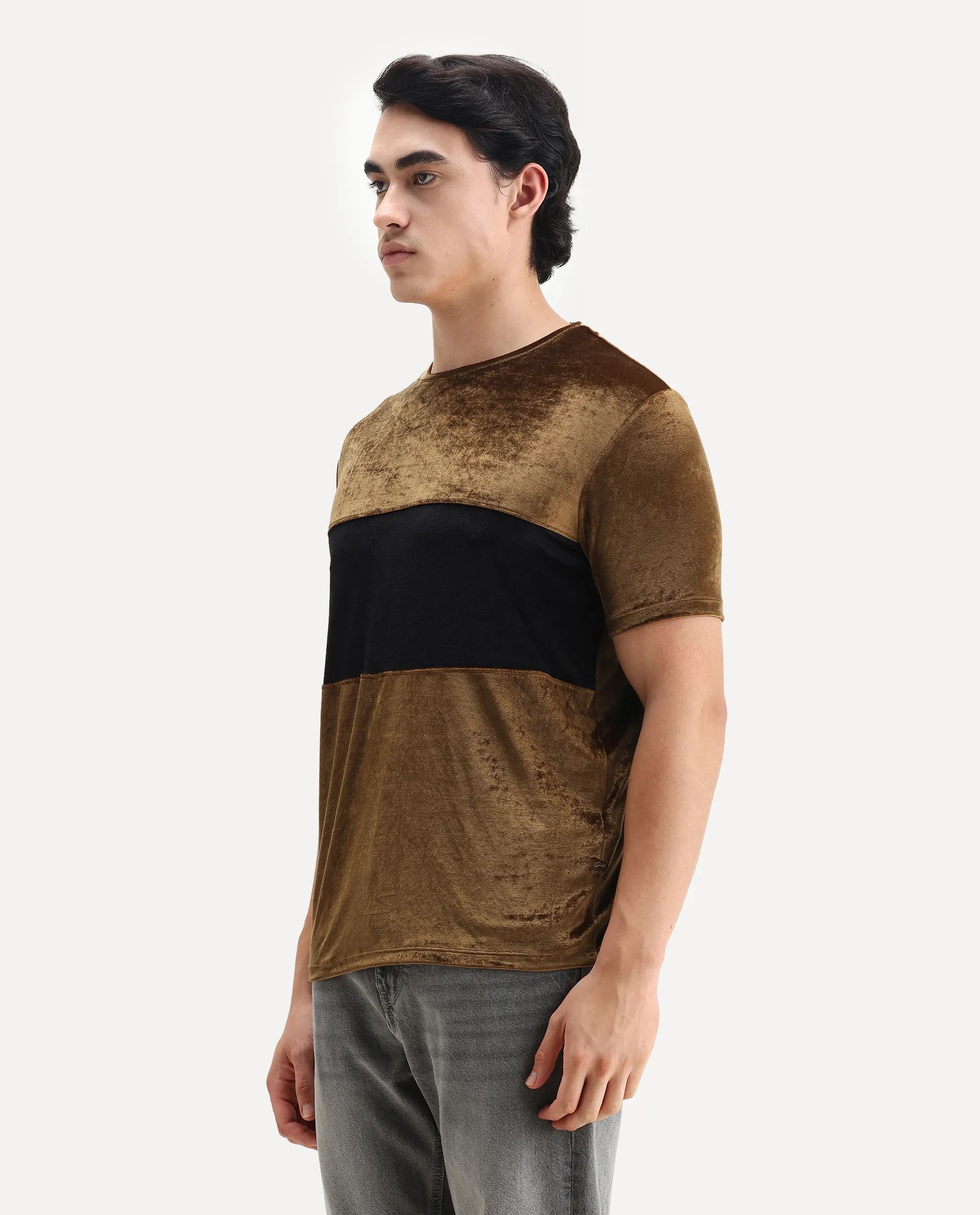 Rare Rabbit Men's Timos Mustard Velvet Ombre Slim Fit Half Sleeve Crew Neck T-Shirt