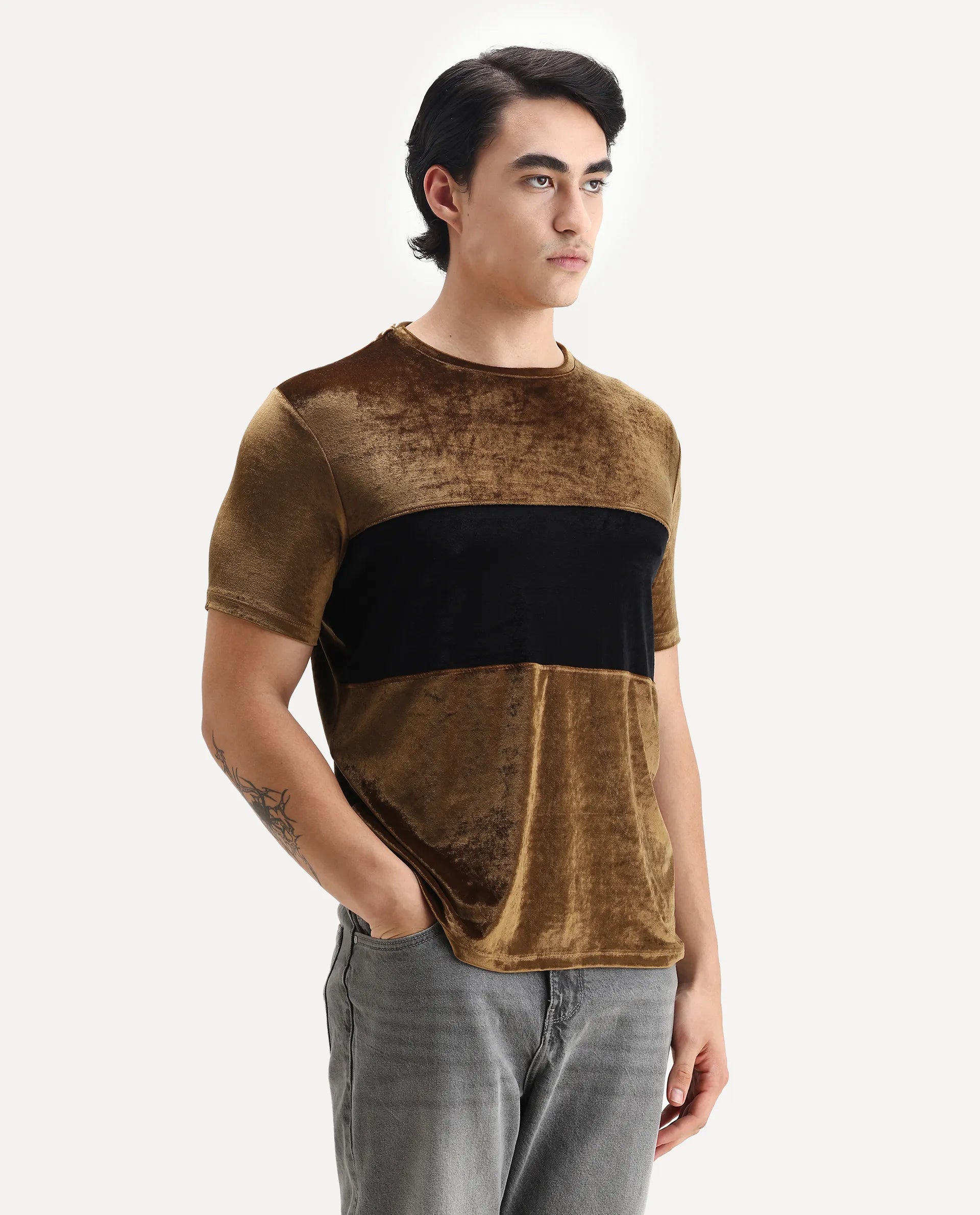 Rare Rabbit Men's Timos Mustard Velvet Ombre Slim Fit Half Sleeve Crew Neck T-Shirt